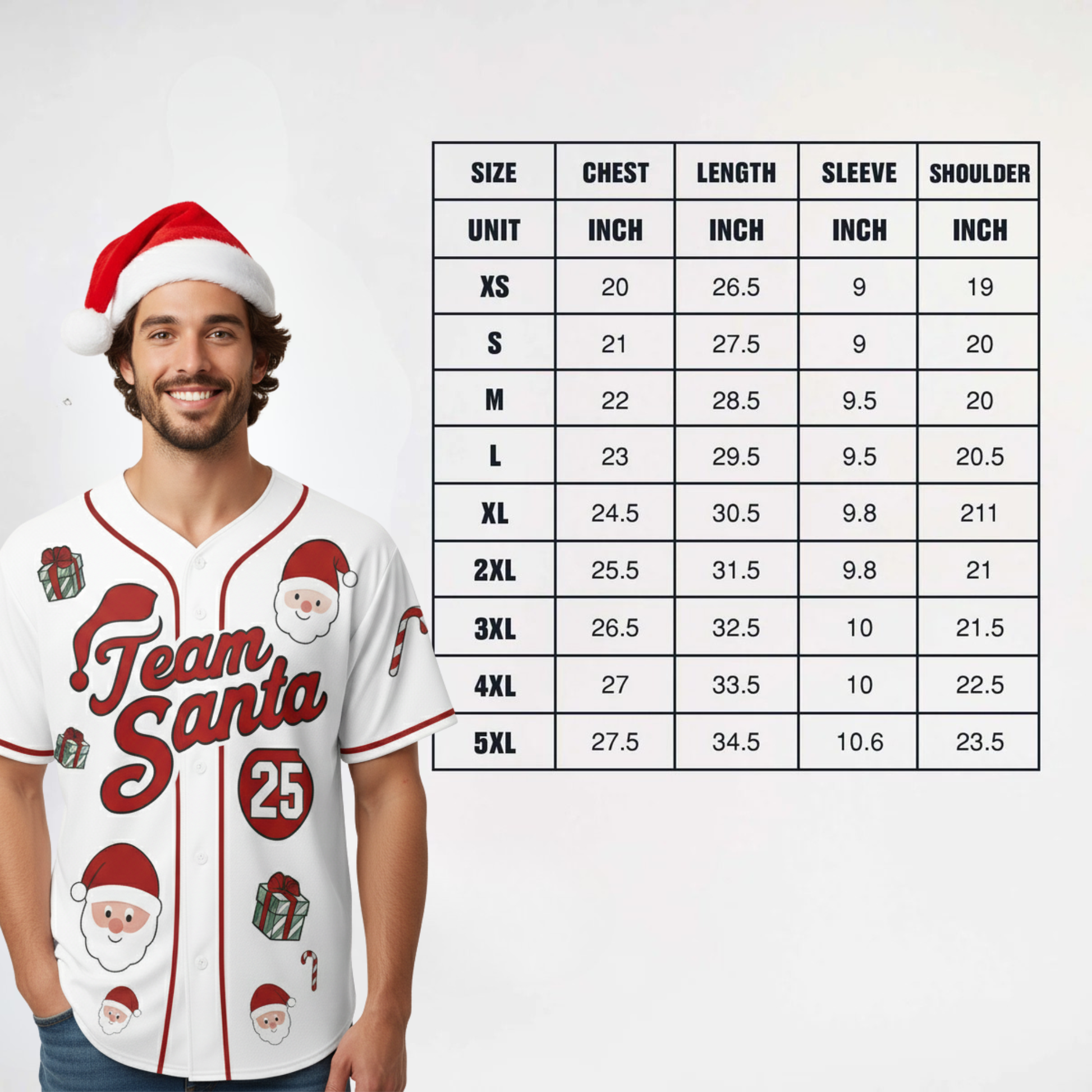 Custom Christmas Baseball Jersey Santa White with Red Piping - Design Your Own