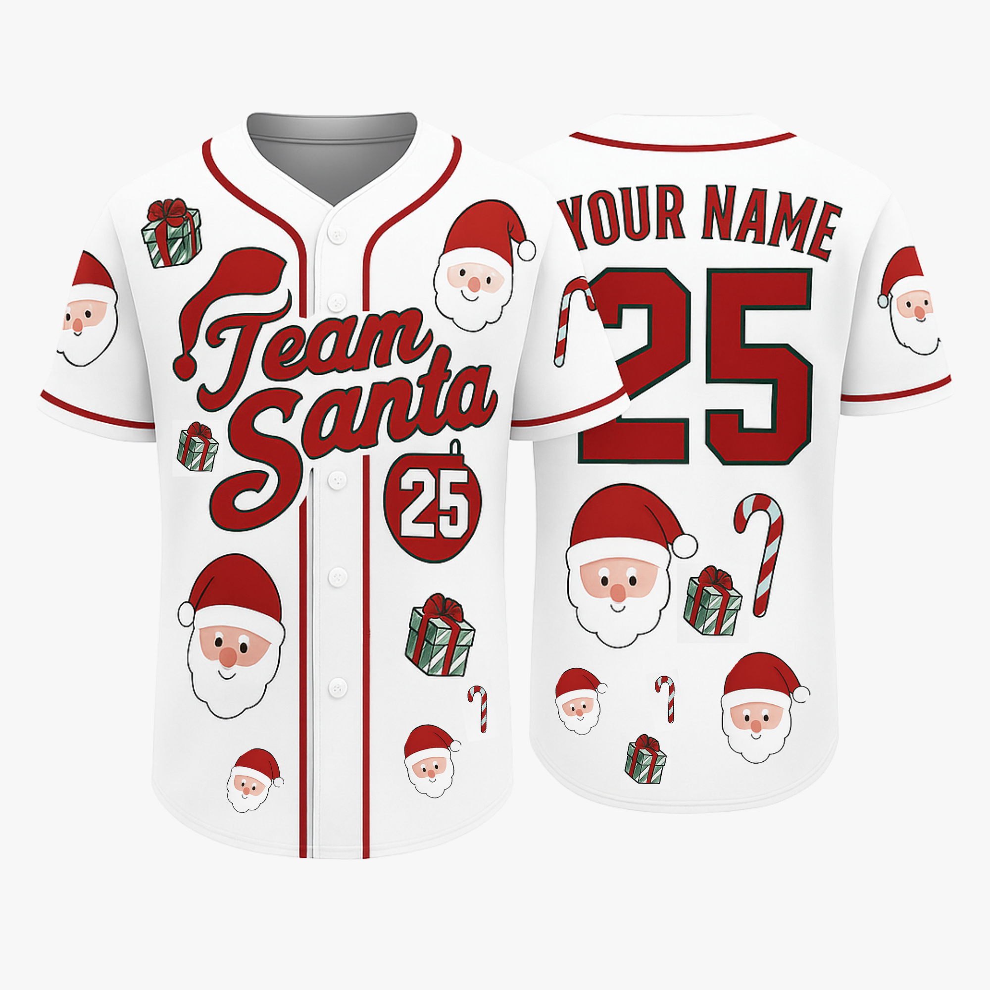 Custom Christmas Baseball Jersey Santa White with Red Piping - Design Your Own