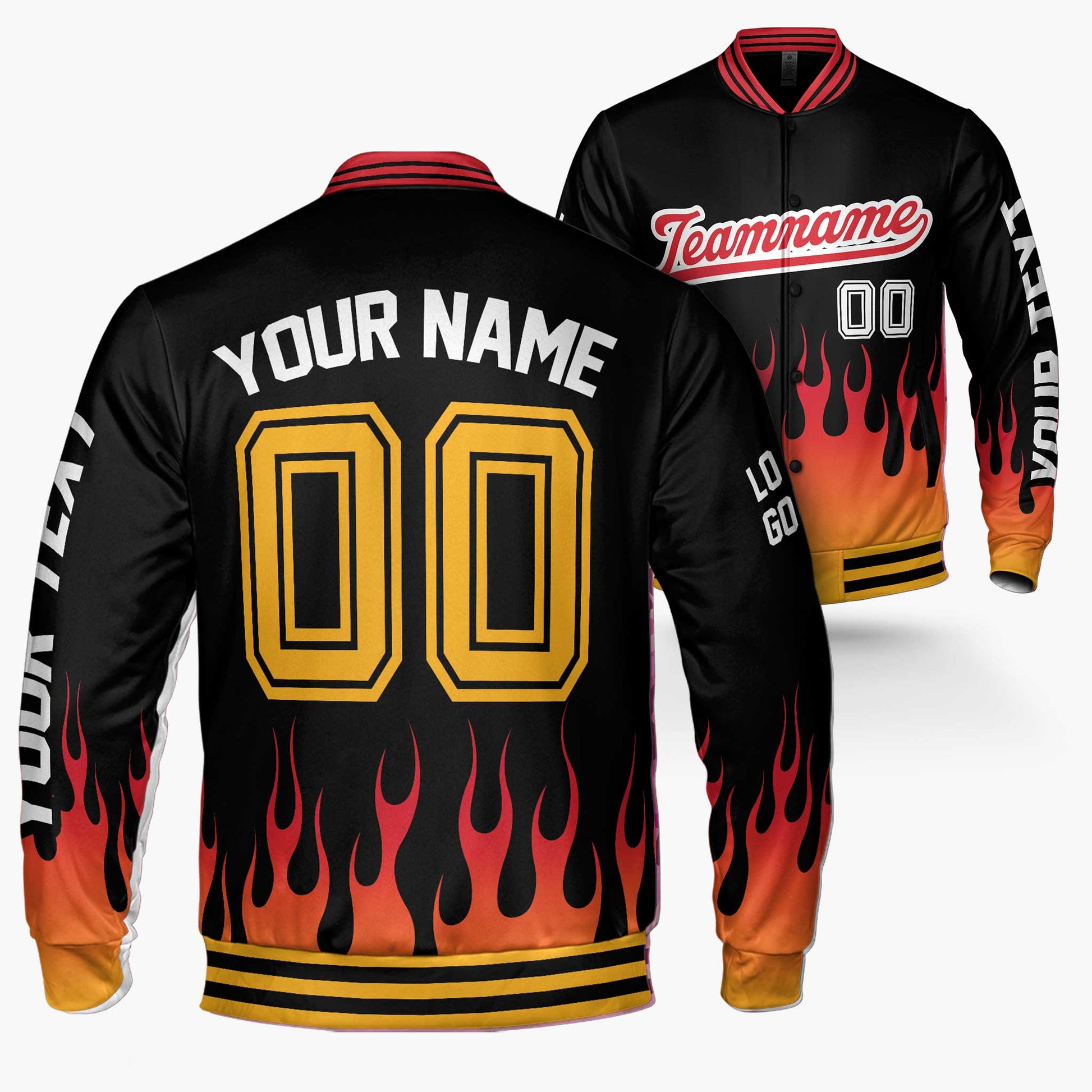 Custom Varsity Jacket Black and Orange Flame - Design Your Own