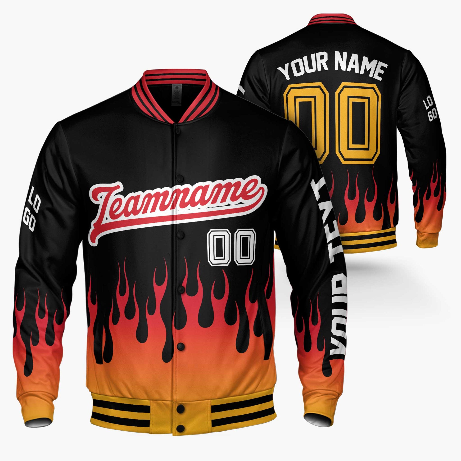 Custom Varsity Jacket Black and Orange Flame - Design Your Own