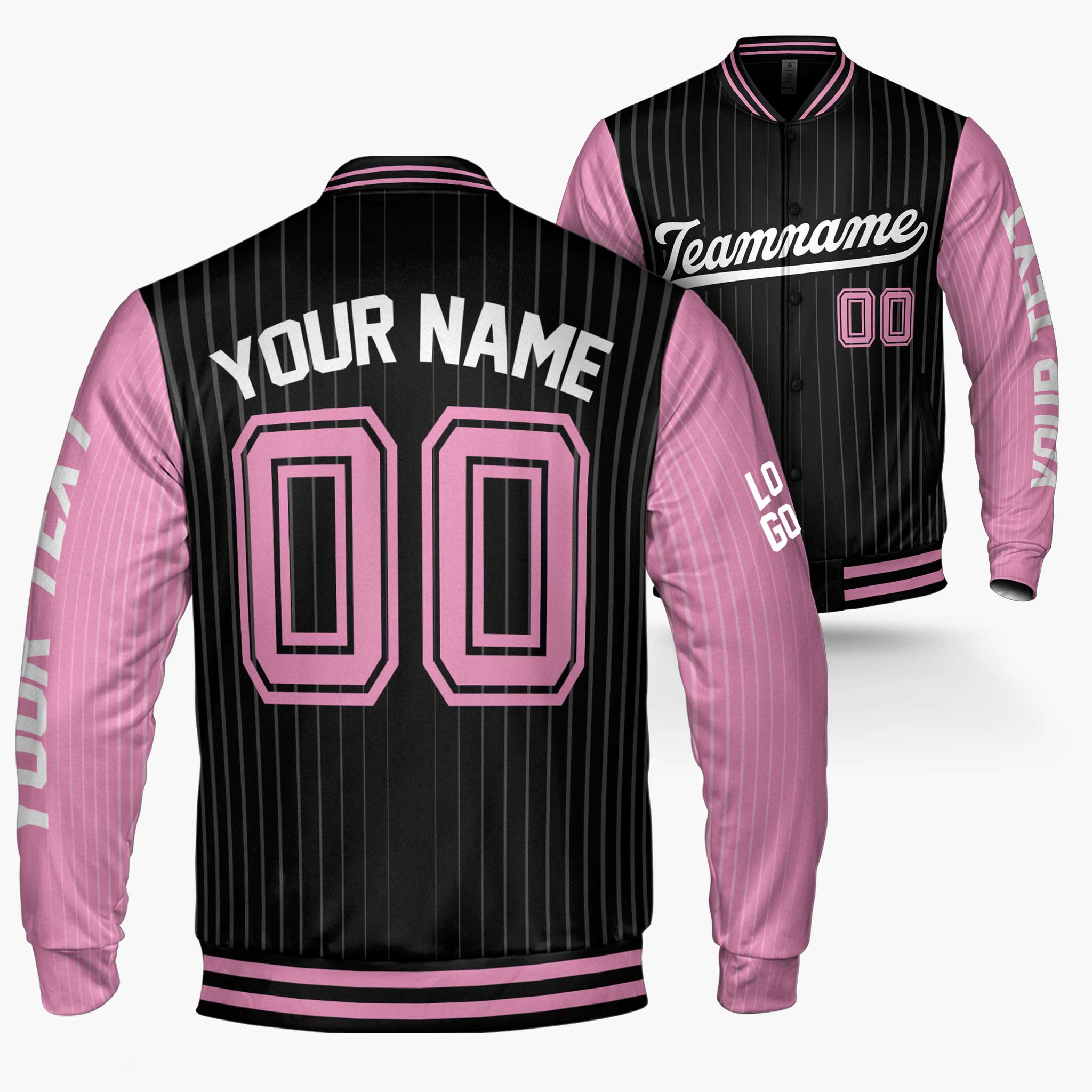 Custom Varsity Jacket Black and Pink Pinstripe - Design Your Own