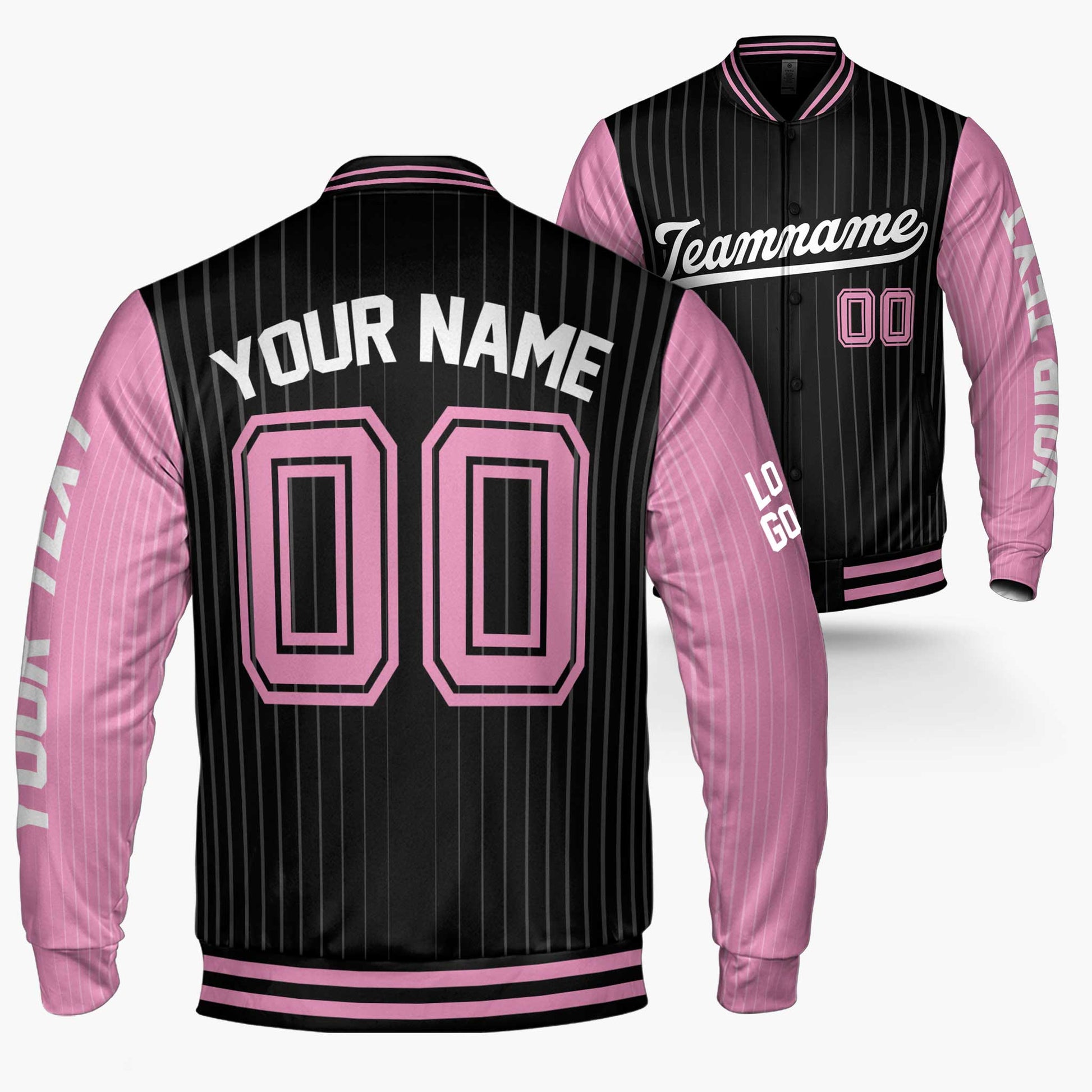 Custom Varsity Jacket Black and Pink Pinstripe - Design Your Own
