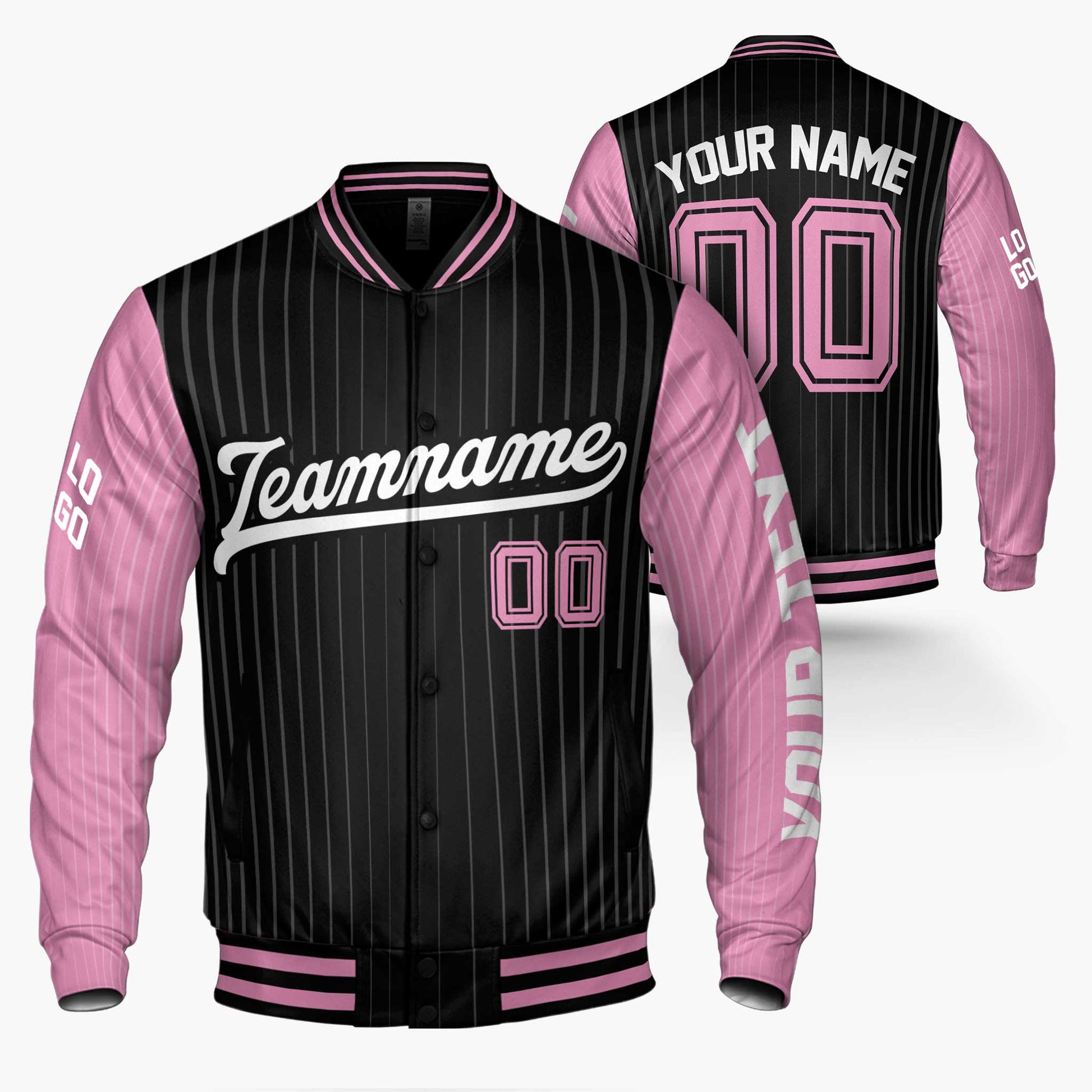 Custom Varsity Jacket Black and Pink Pinstripe - Design Your Own