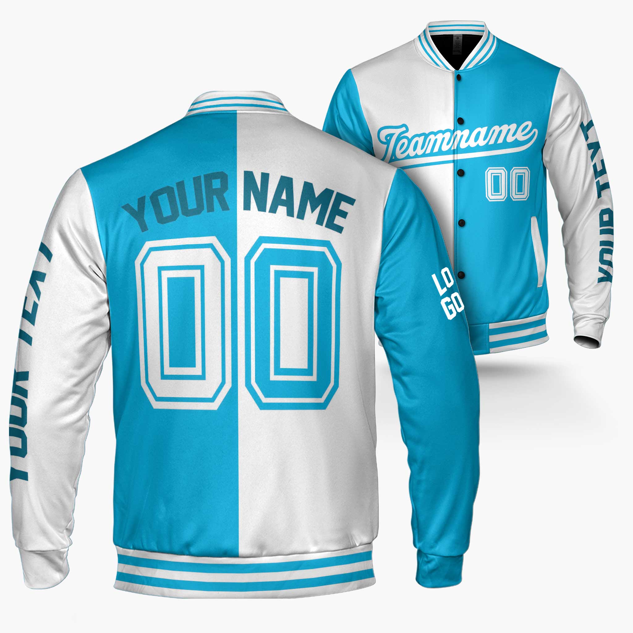 Custom Varsity Jacket Blue and White Split - Design Your Own