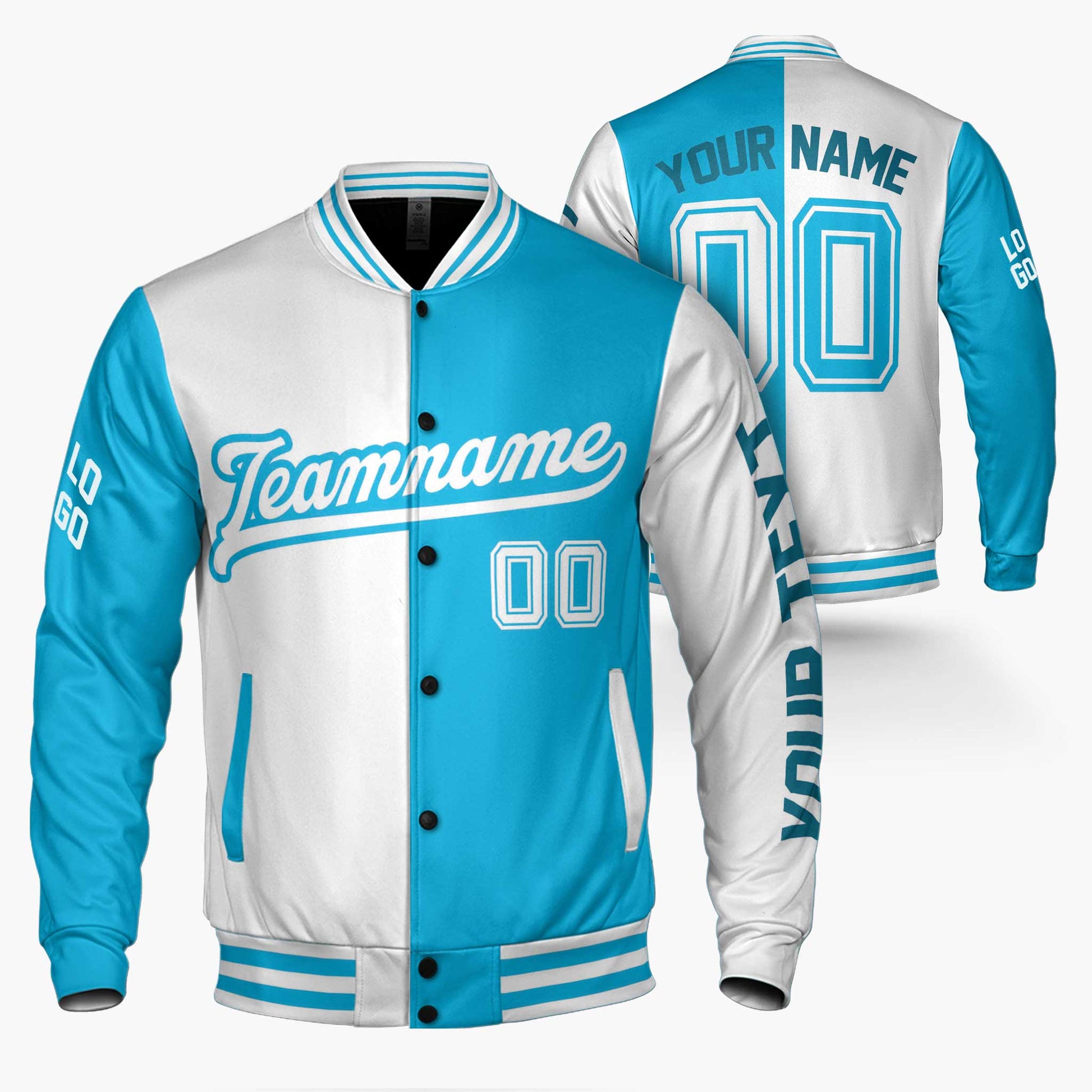 Custom Varsity Jacket Blue and White Split - Design Your Own