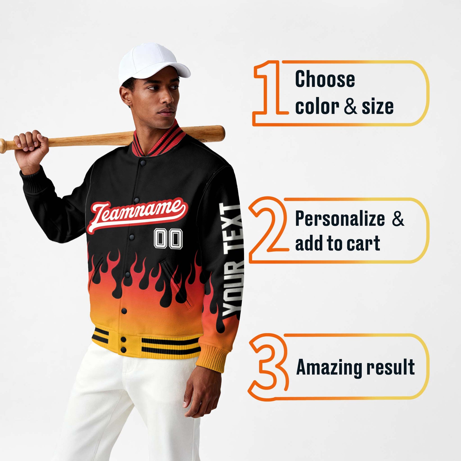 Custom Varsity Jacket Black and Orange Flame - Design Your Own