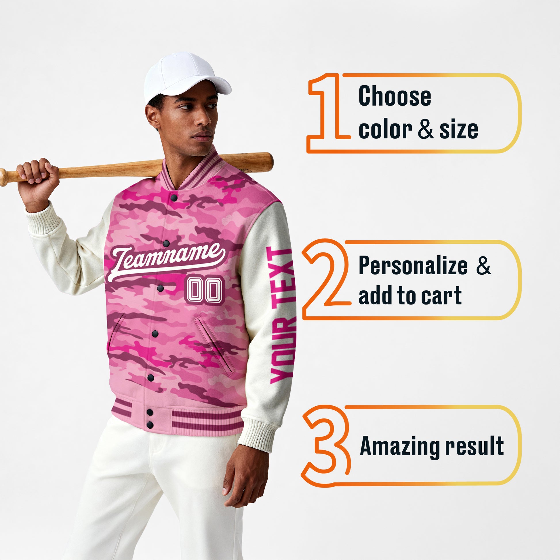 Custom Varsity Jacket Pink Camouflage and White - Design Your Own