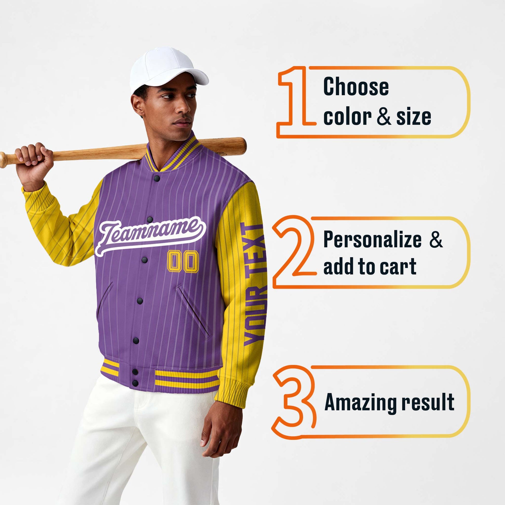 Custom Varsity Jacket Purple and Yellow Pinstripe - Design Your Own