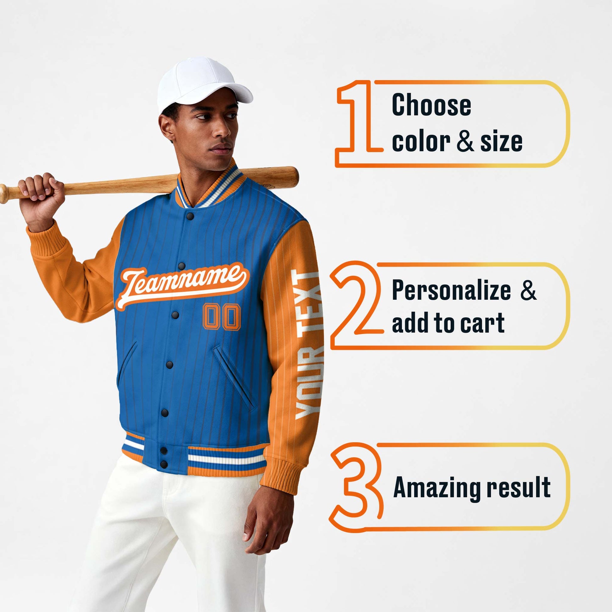 Custom Varsity Jacket Royal and Orange Pinstripe - Design Your Own