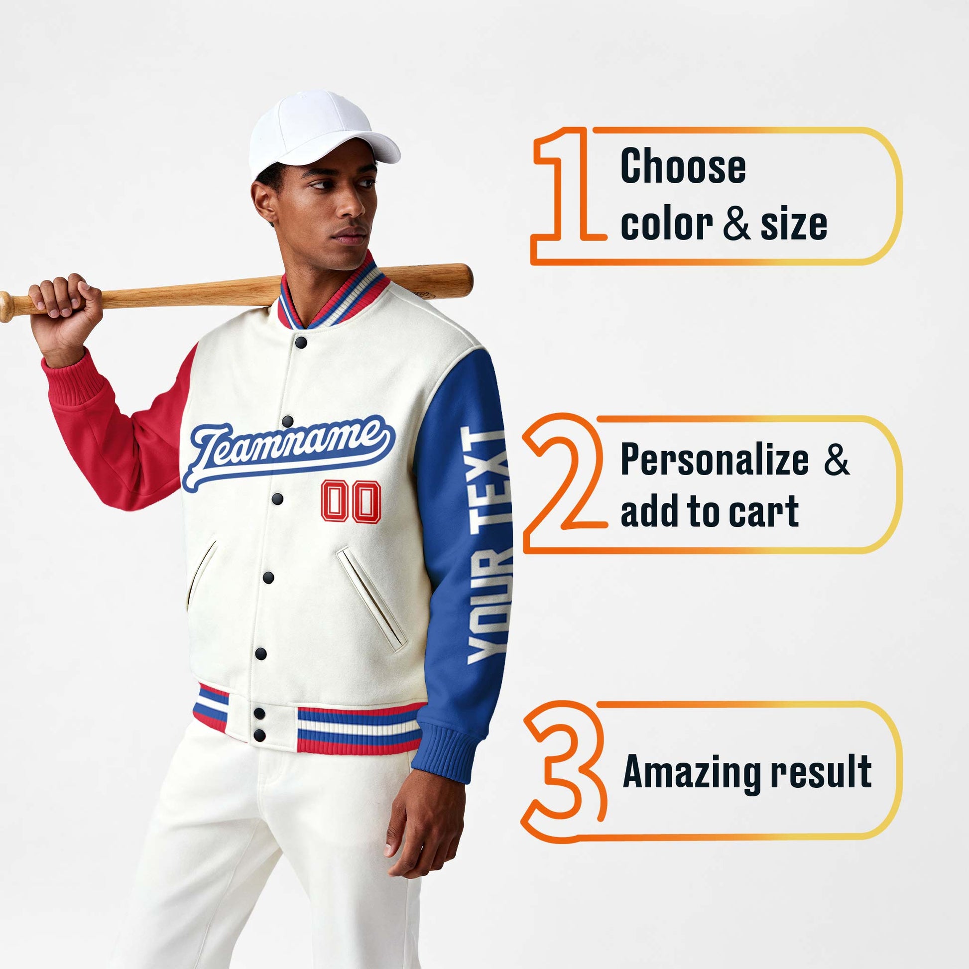 Custom Varsity Jacket White Blue and Red - Design Your Own
