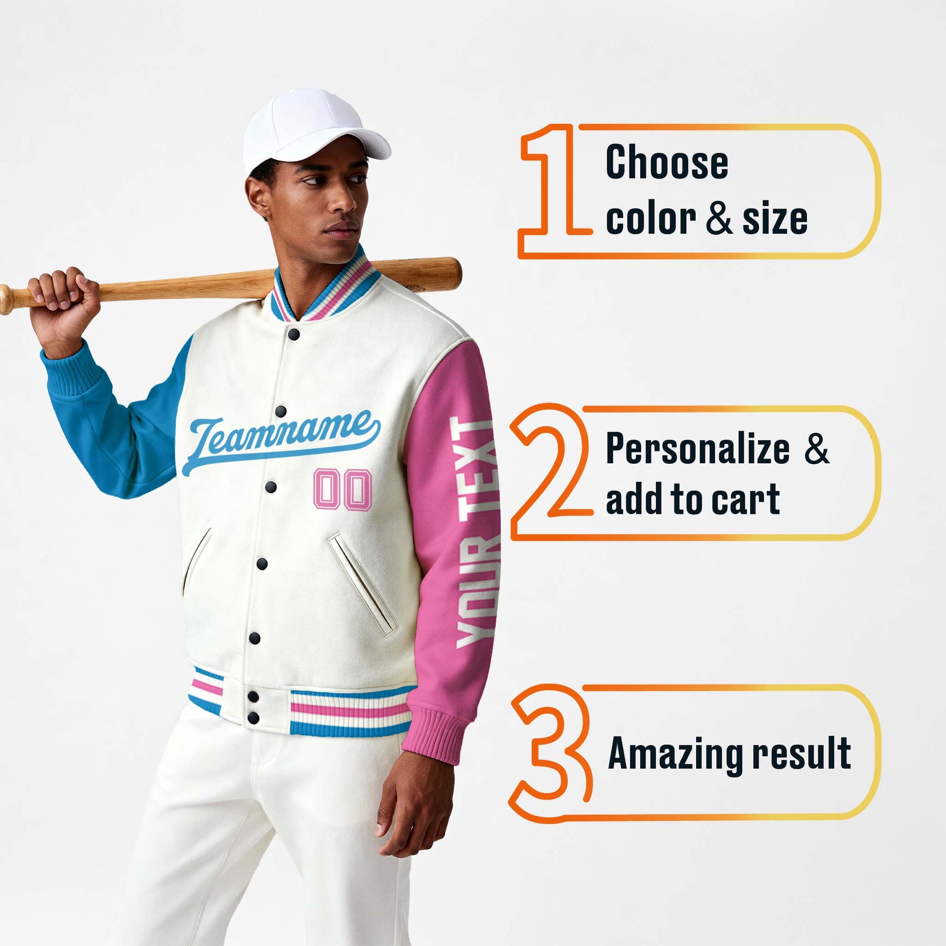 Custom Varsity Jacket White Pink and Blue - Design Your Own