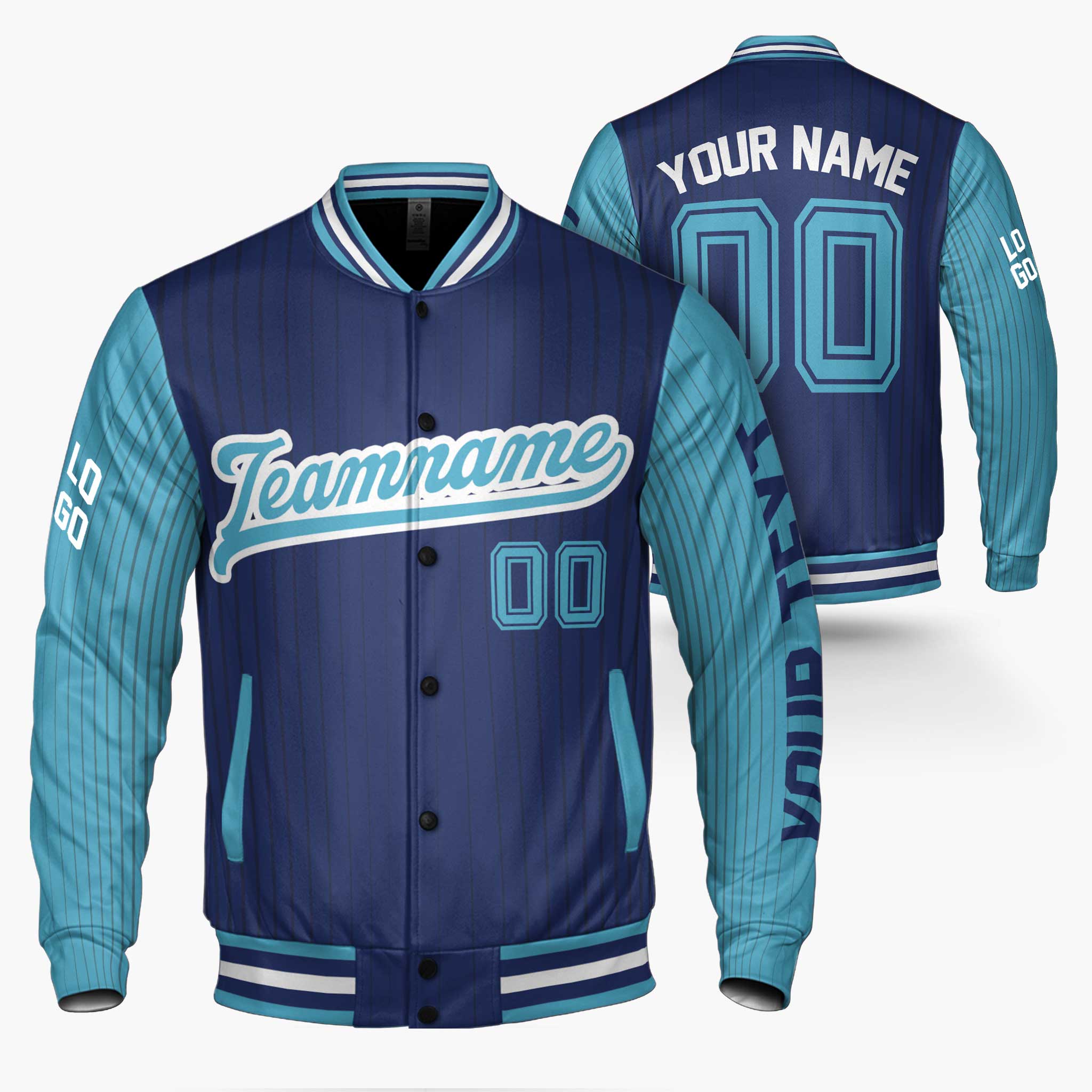 Custom Varsity Jacket Navy and Blue Pinstripe - Design Your Own