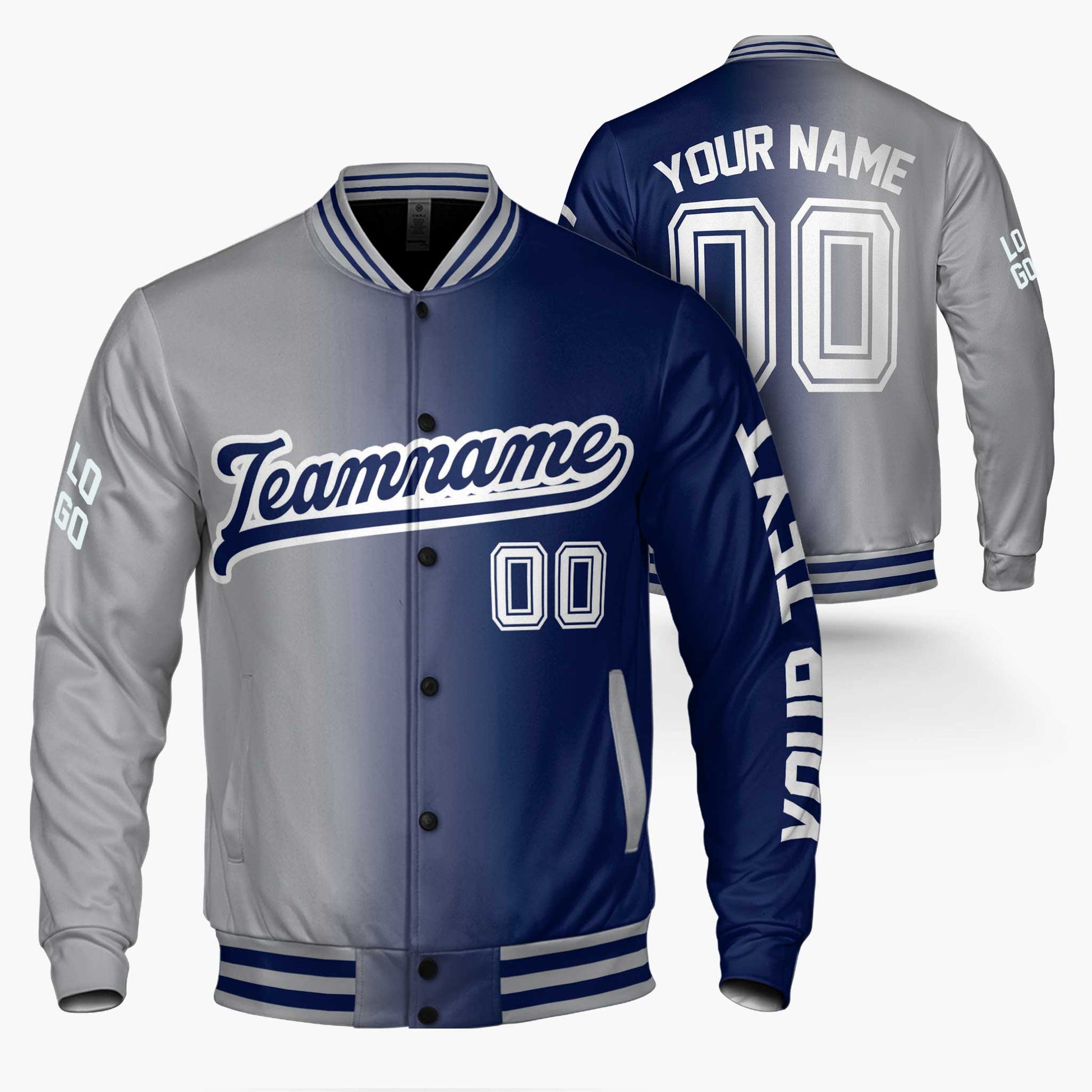 Custom Varsity Jacket Navy and Gray Gradient - Design Your Own