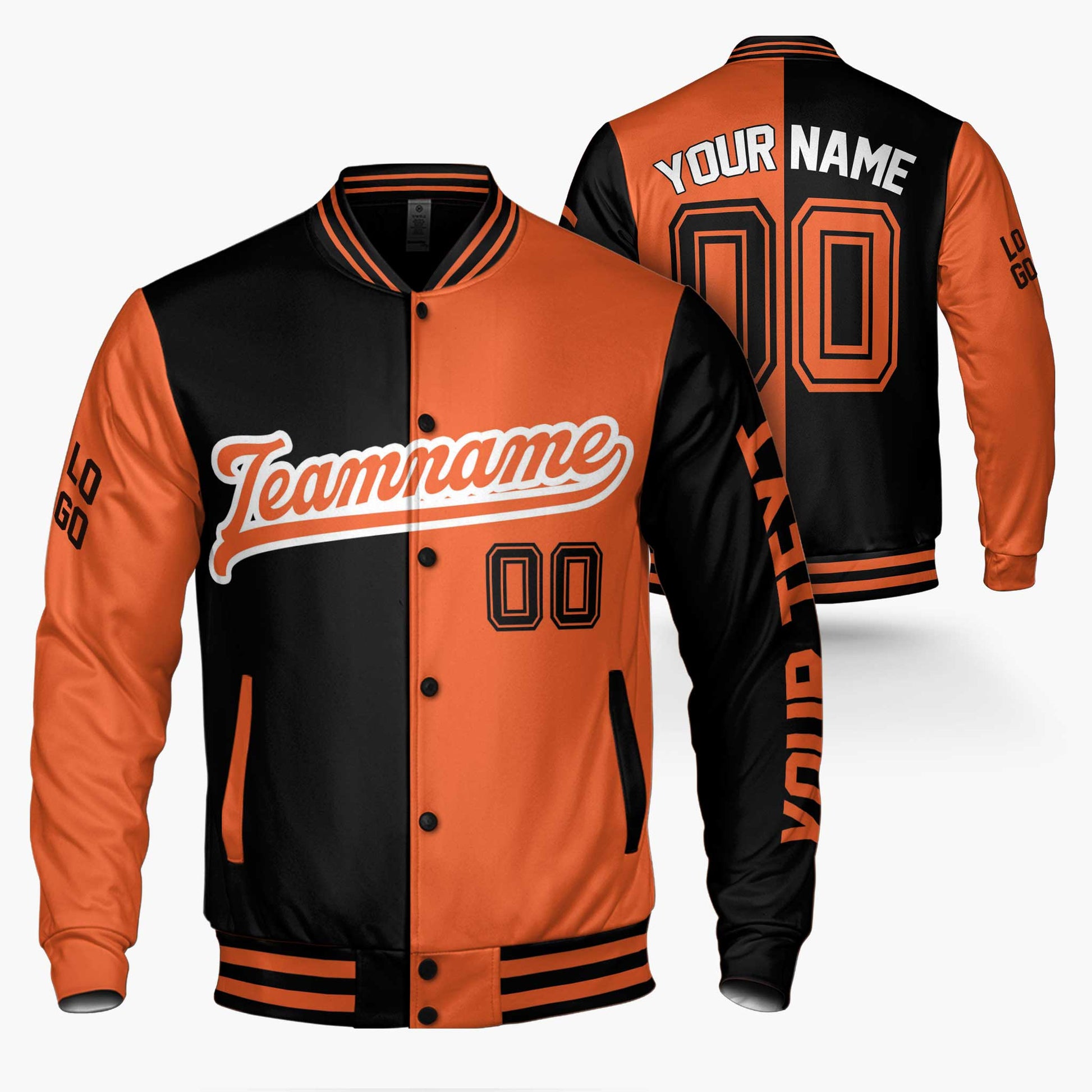 Custom Varsity Jacket Orange and Black Split - Design Your Own