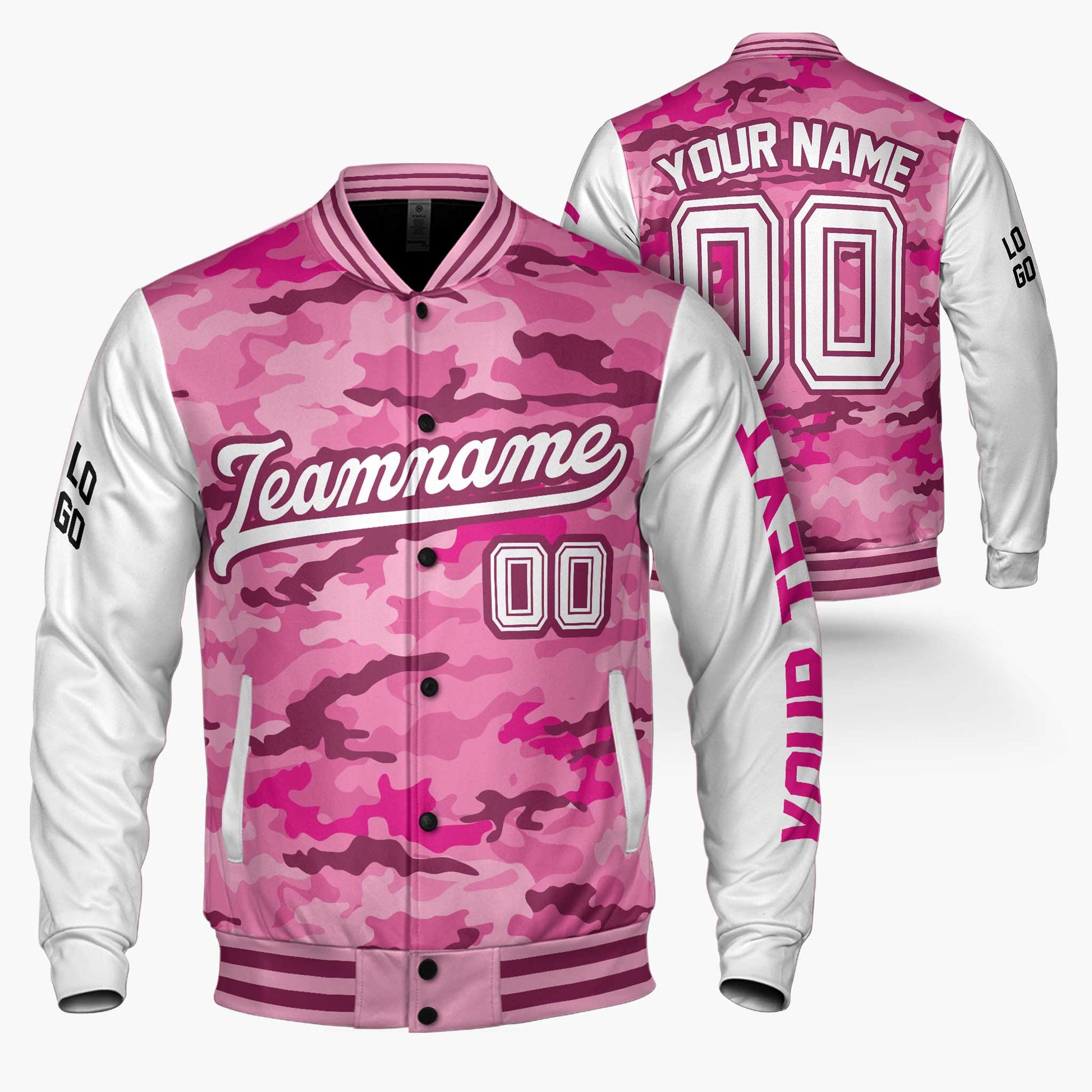 Custom Varsity Jacket Pink Camouflage and White - Design Your Own