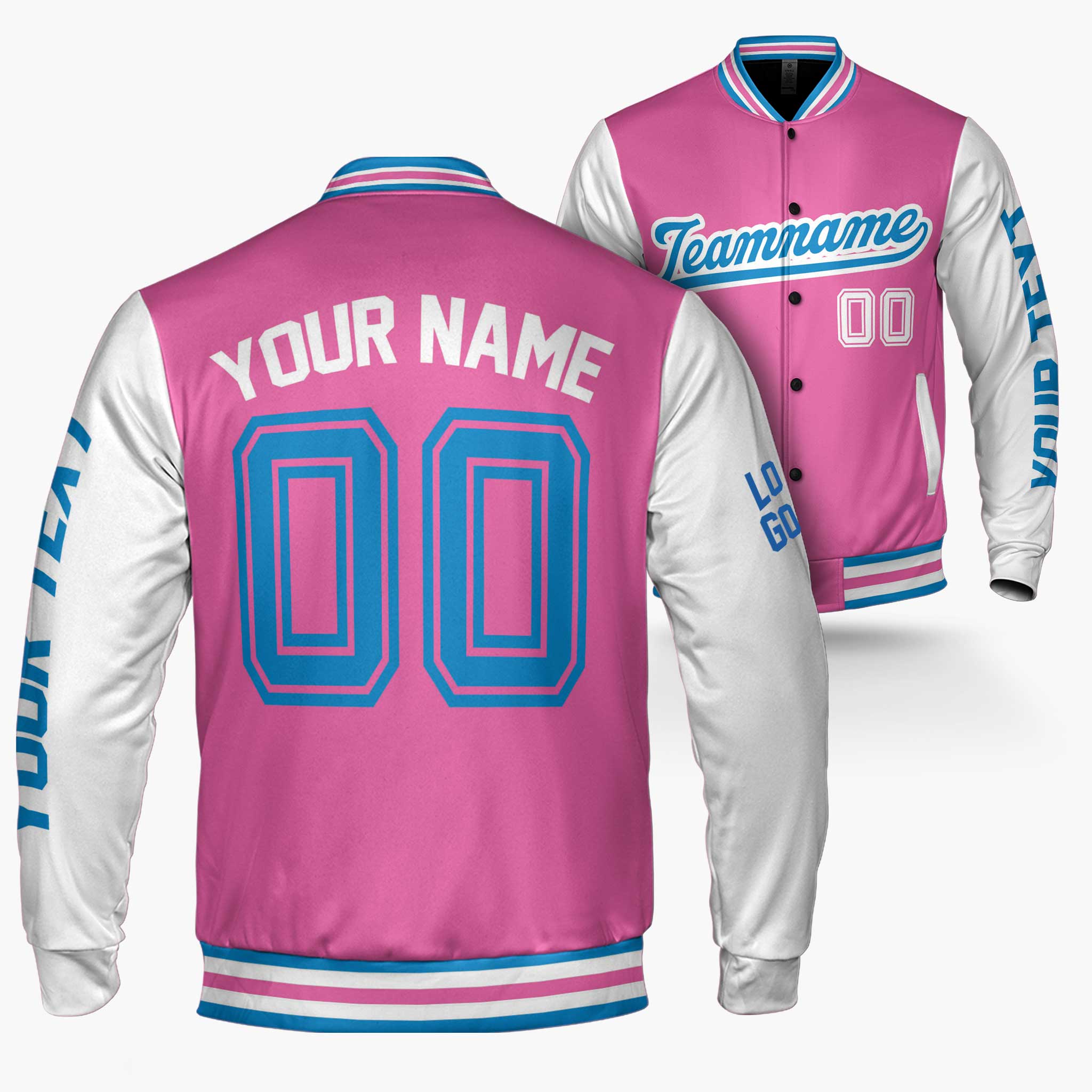 Custom Varsity Jacket Pink White and Blue - Design Your Own