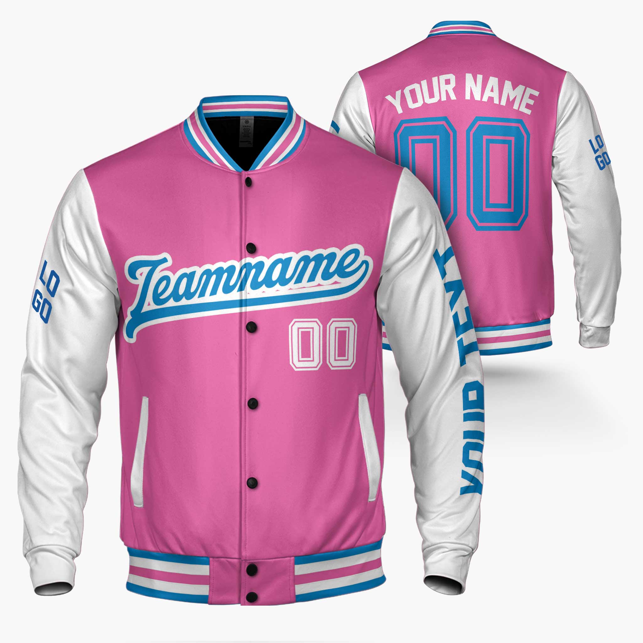 Custom Varsity Jacket Pink White and Blue - Design Your Own