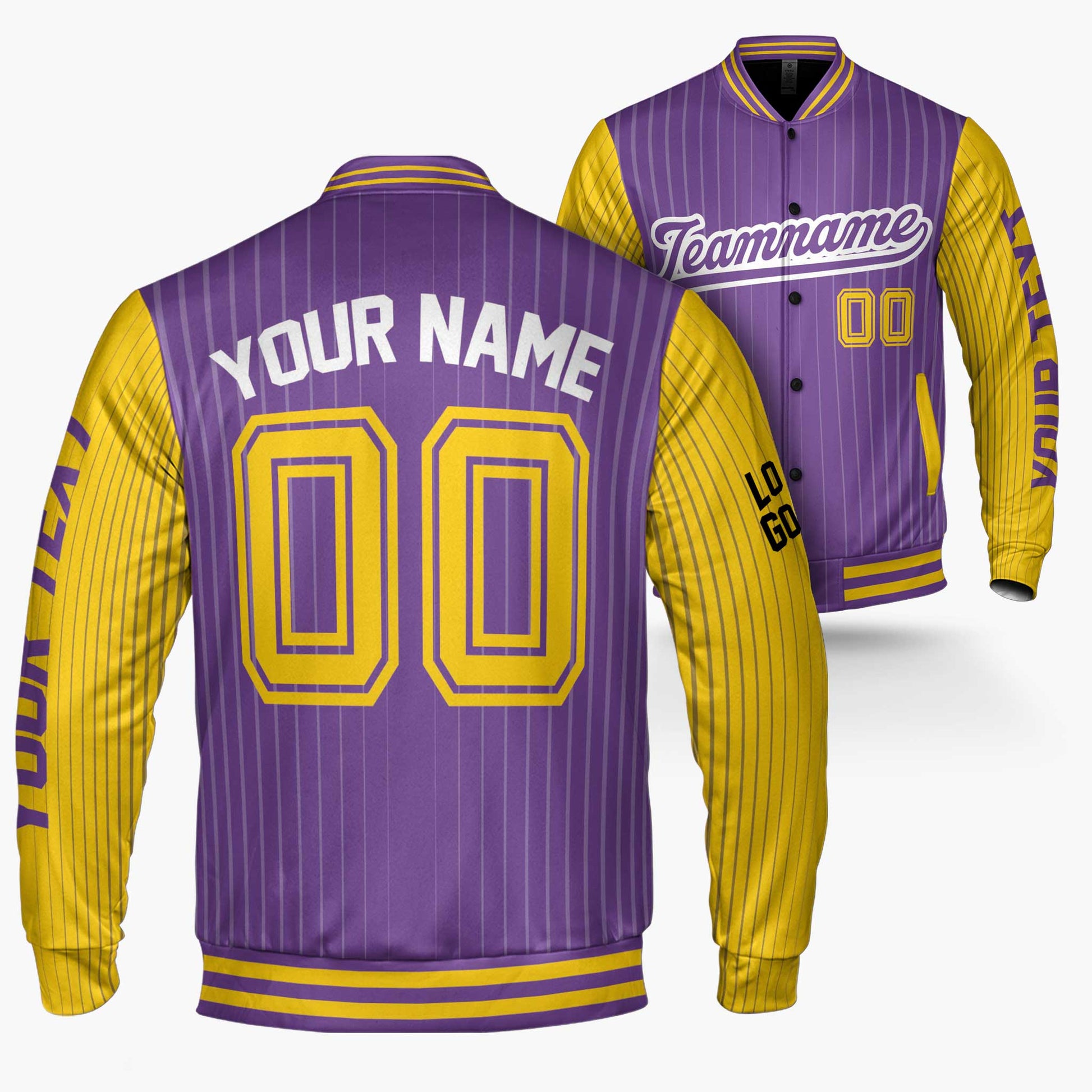 Custom Varsity Jacket Purple and Yellow Pinstripe - Design Your Own