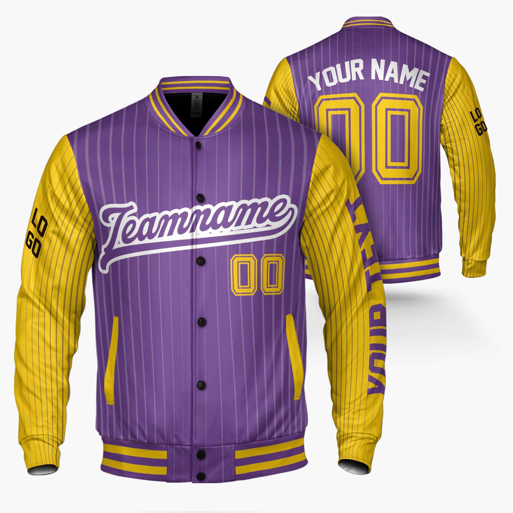 Custom Varsity Jacket Purple and Yellow Pinstripe - Design Your Own