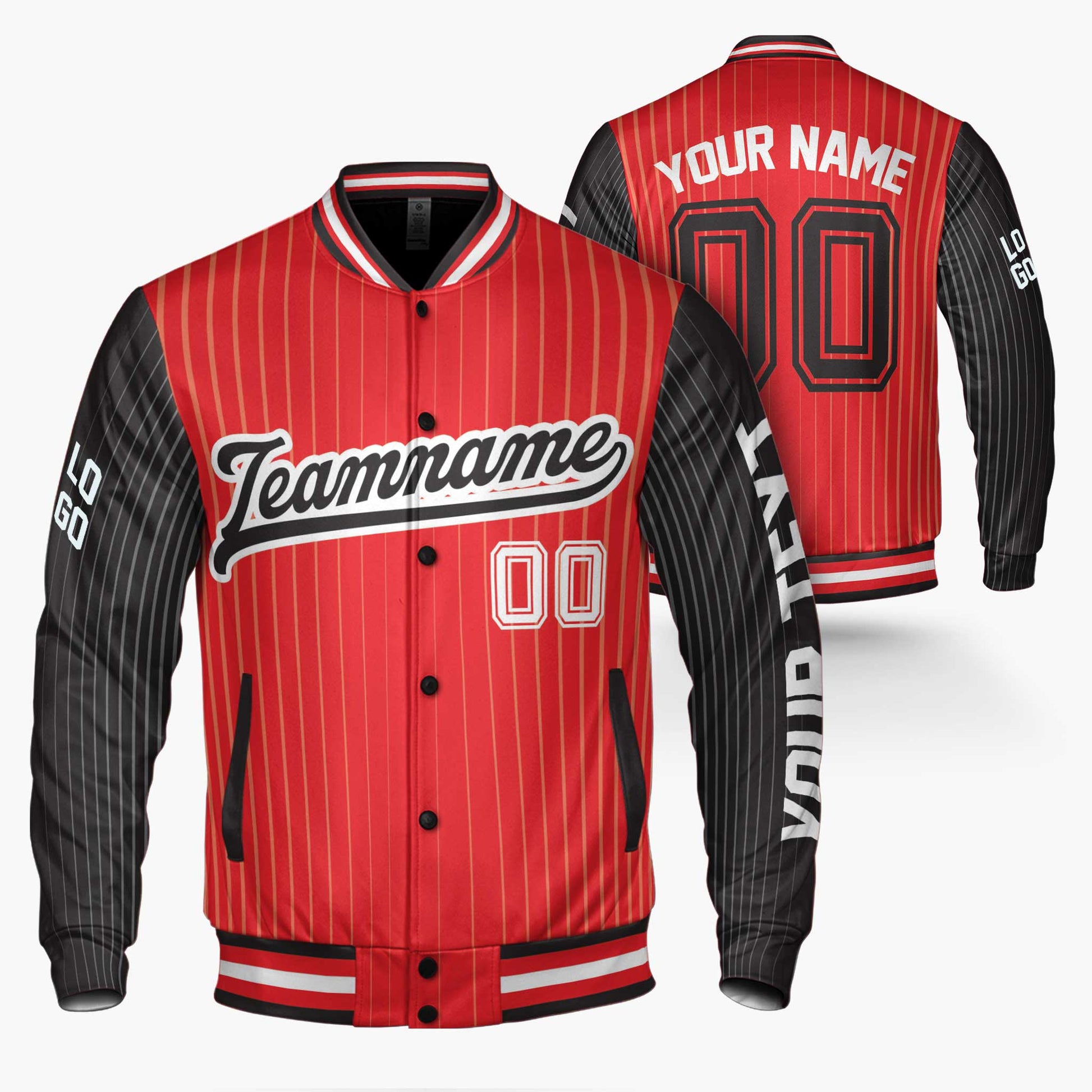 Custom Varsity Jacket Red and Black Pinstripe - Design Your Own