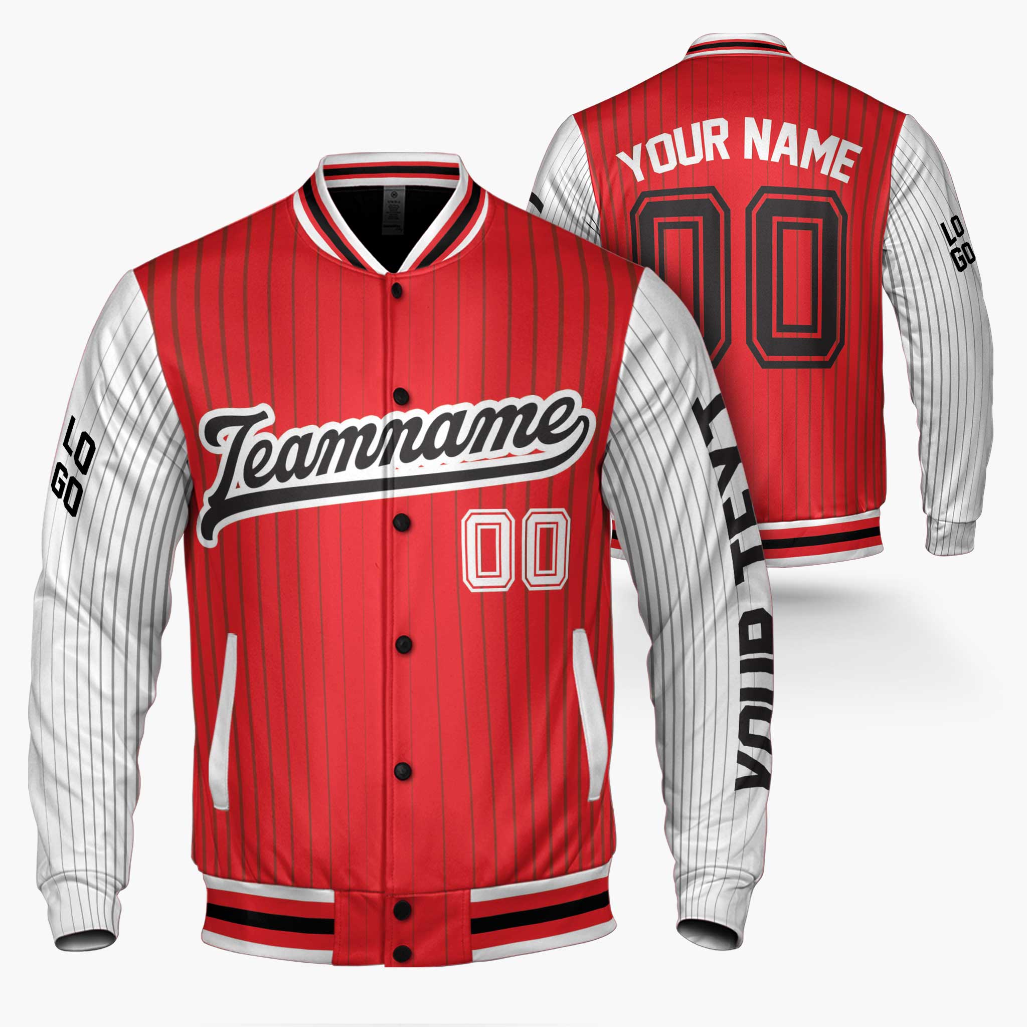 Custom Varsity Jacket Red and White Pinstripe - Design Your Own