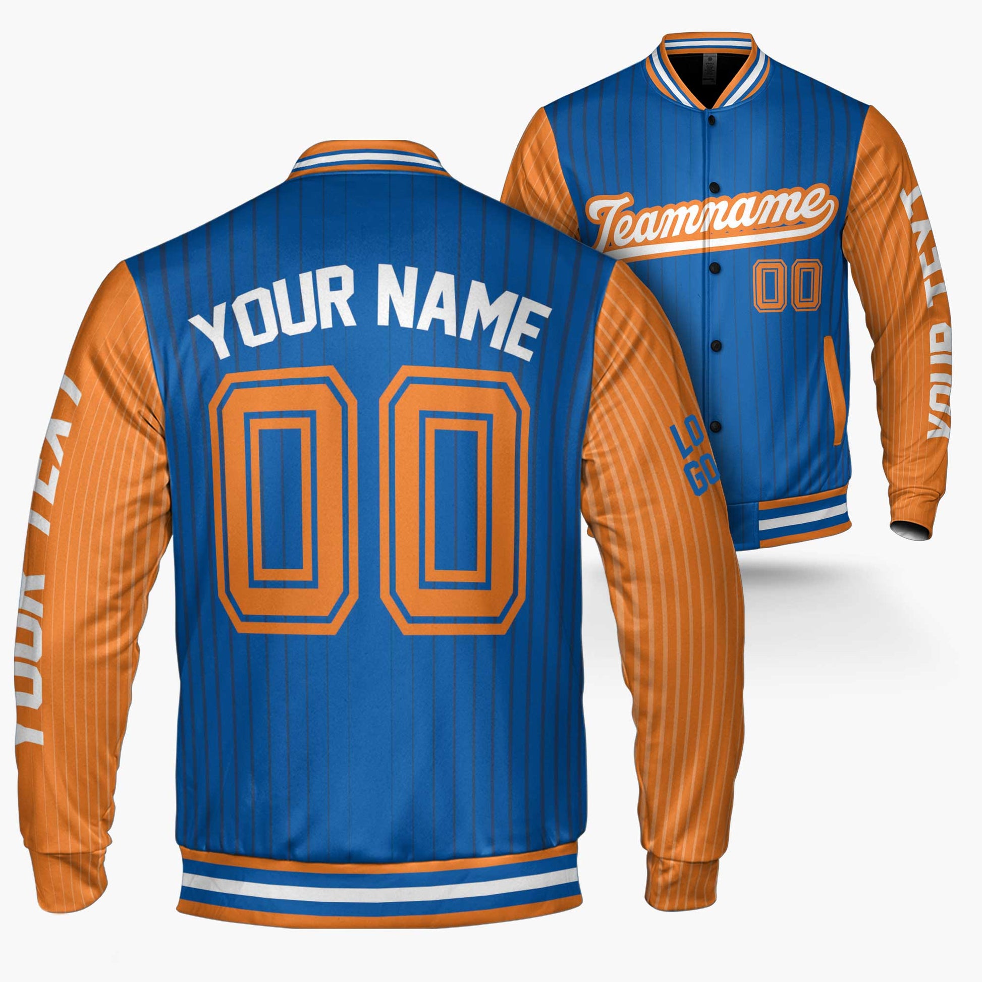 Custom Varsity Jacket Royal and Orange Pinstripe - Design Your Own