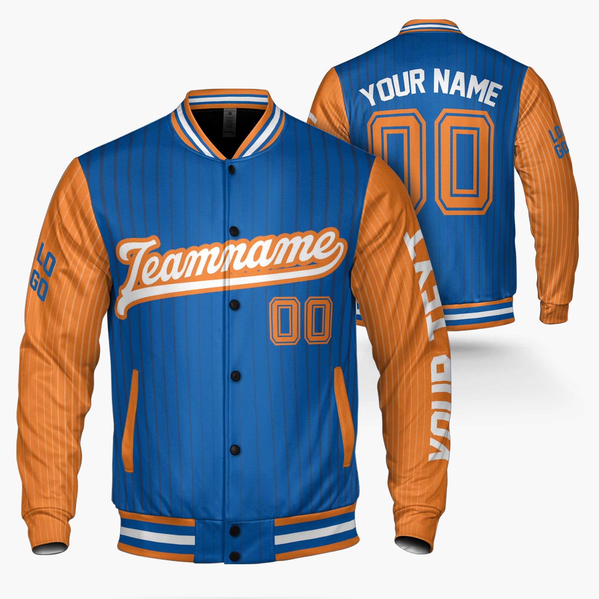 Custom Varsity Jacket Royal and Orange Pinstripe - Design Your Own