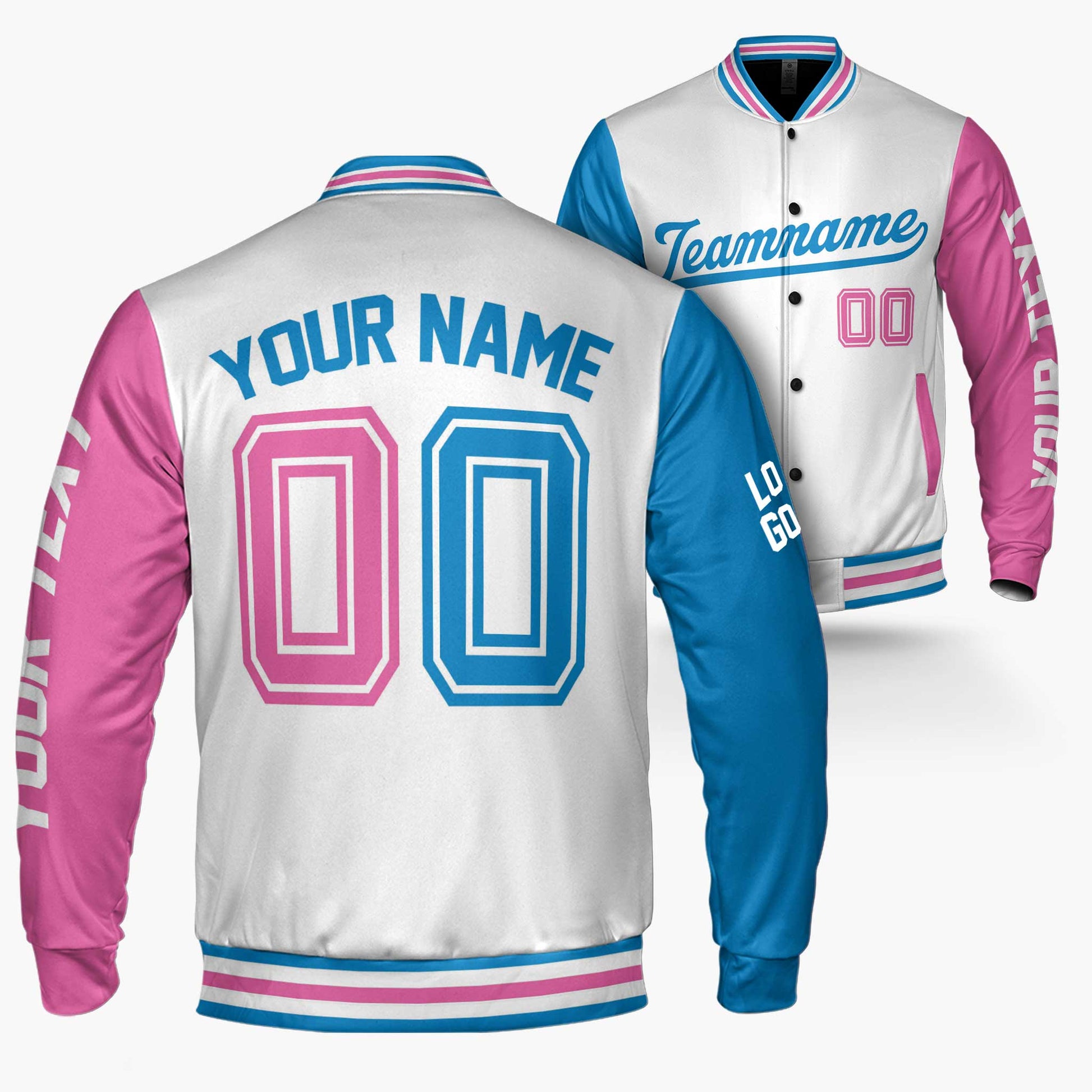 Custom Varsity Jacket White Pink and Blue - Design Your Own