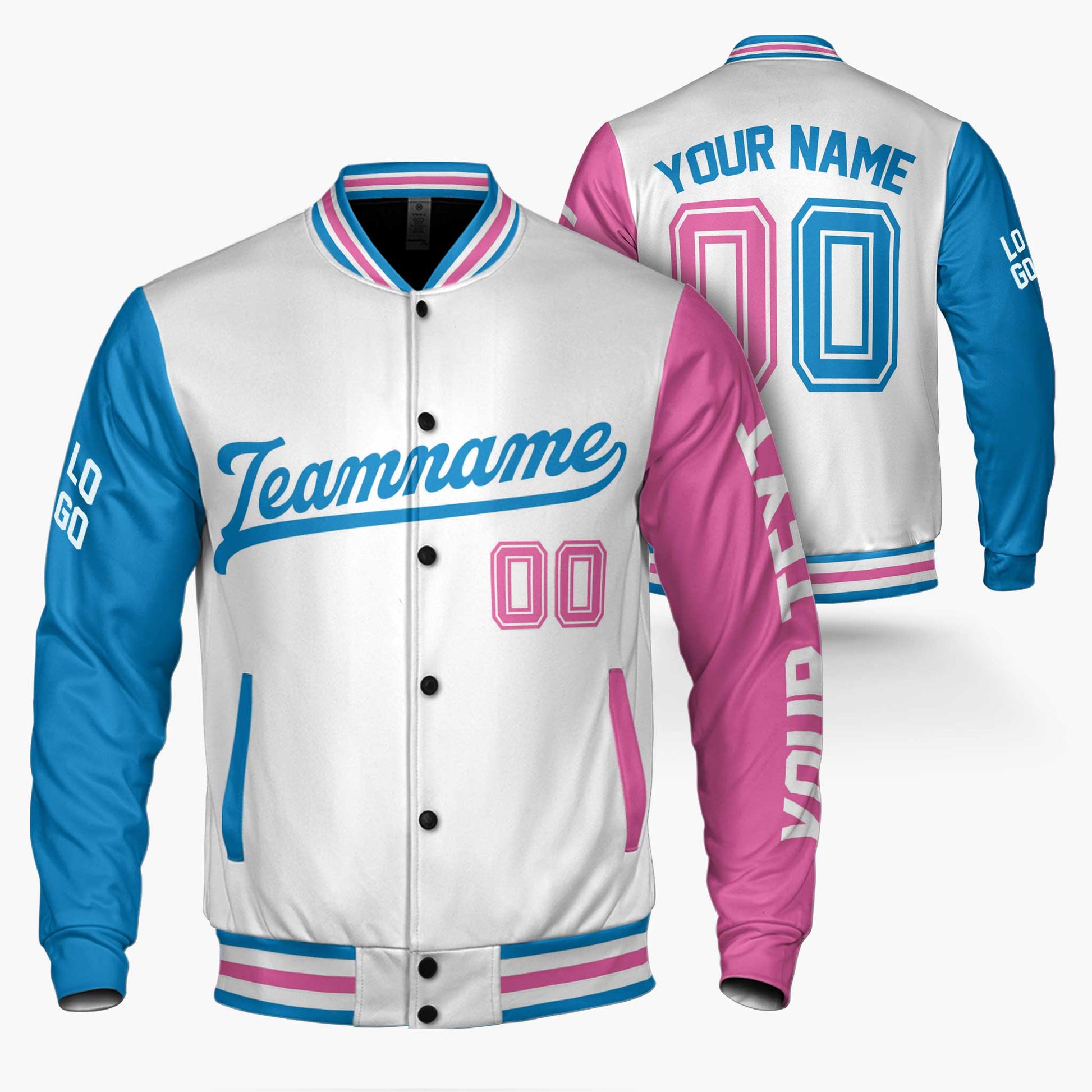 Custom Varsity Jacket White Pink and Blue - Design Your Own