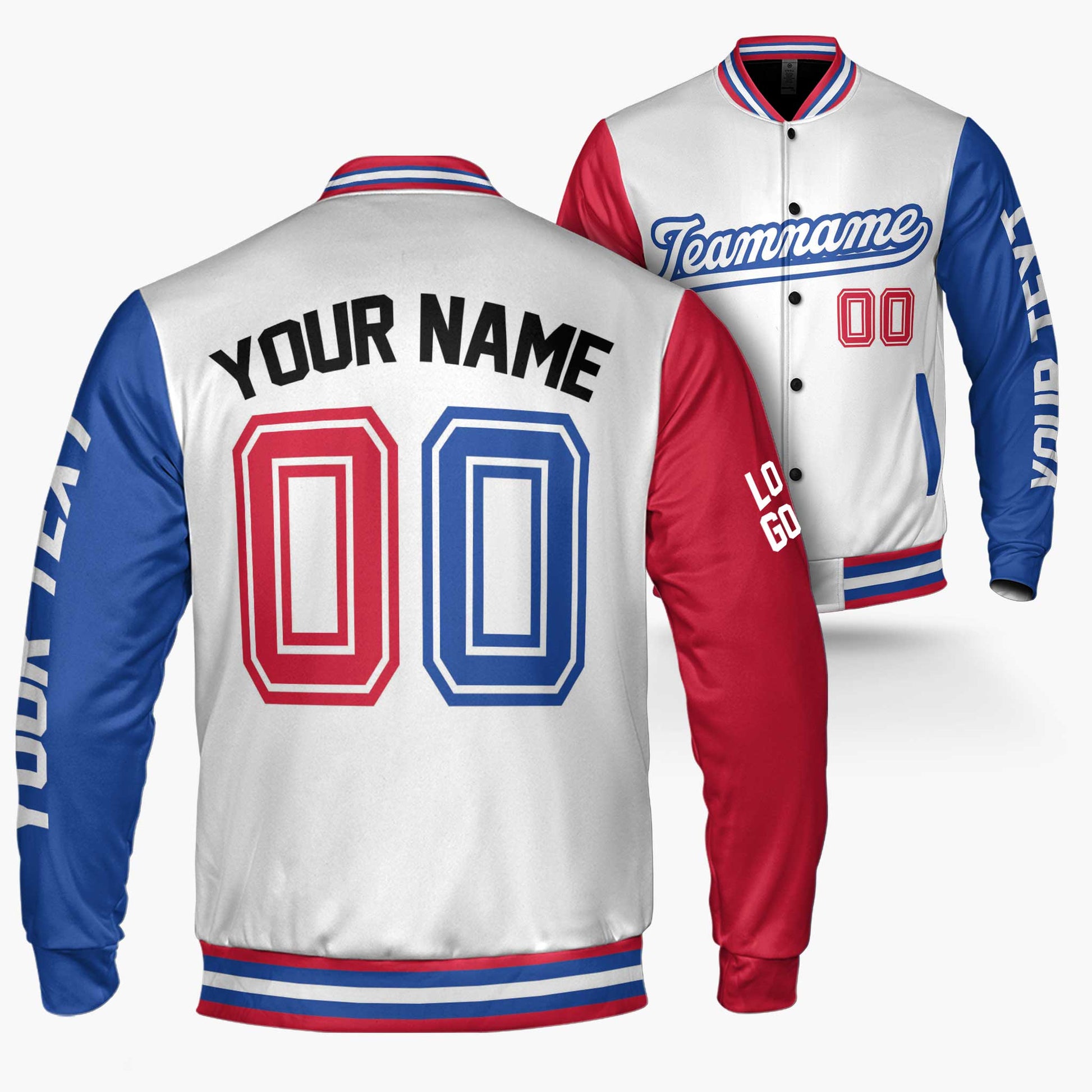 Custom Varsity Jacket White Blue and Red - Design Your Own