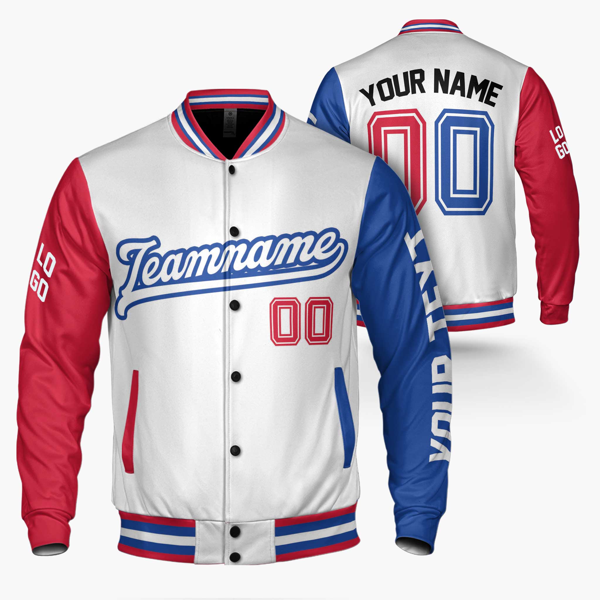 Custom Varsity Jacket White Blue and Red - Design Your Own