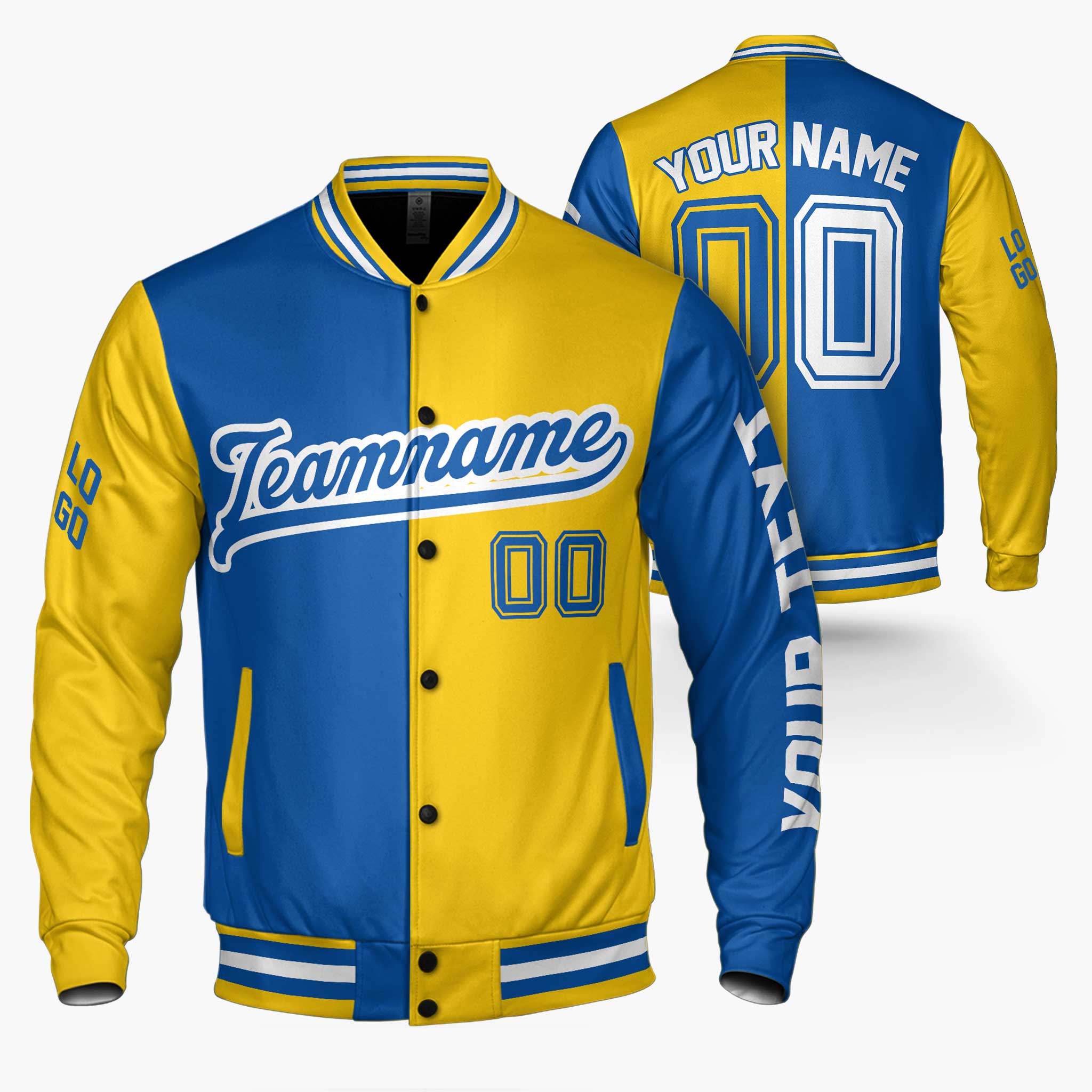 Custom Varsity Jacket Yellow and Royal Split - Design Your Own