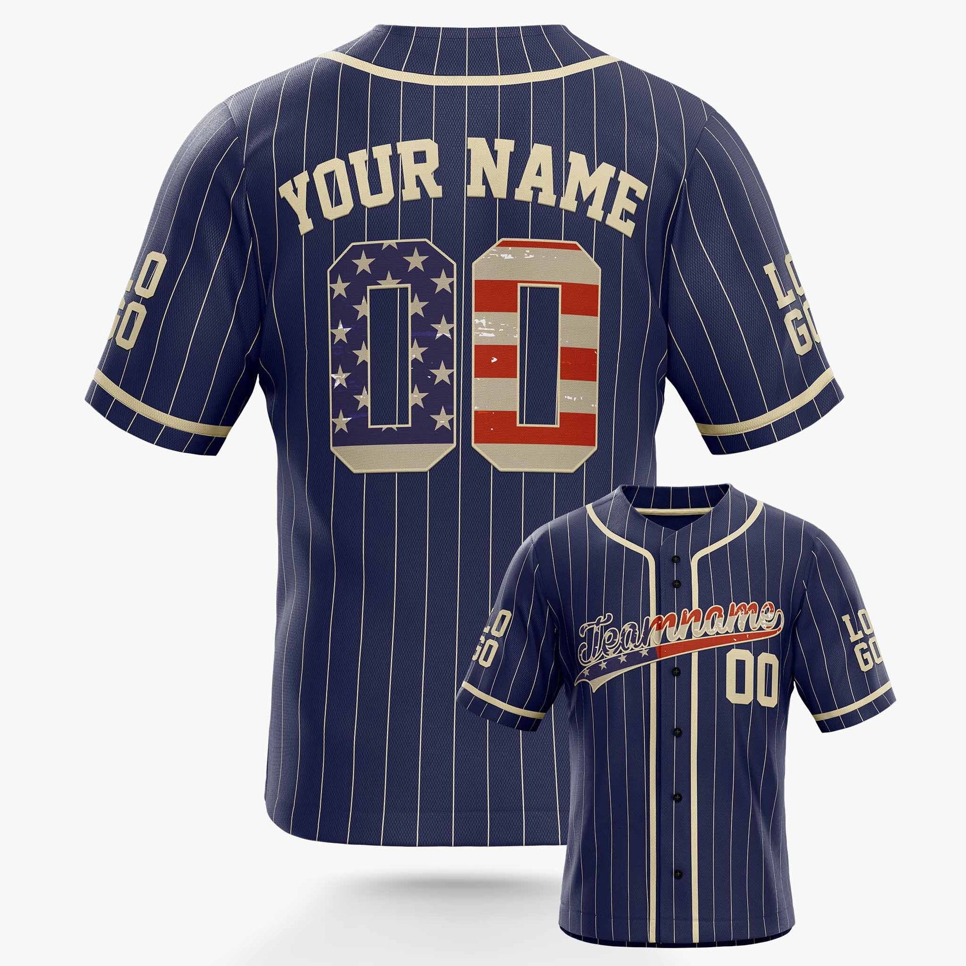 Custom Pinstripe Baseball Jersey Navy and Patriotic With White Piping - Design Your Own