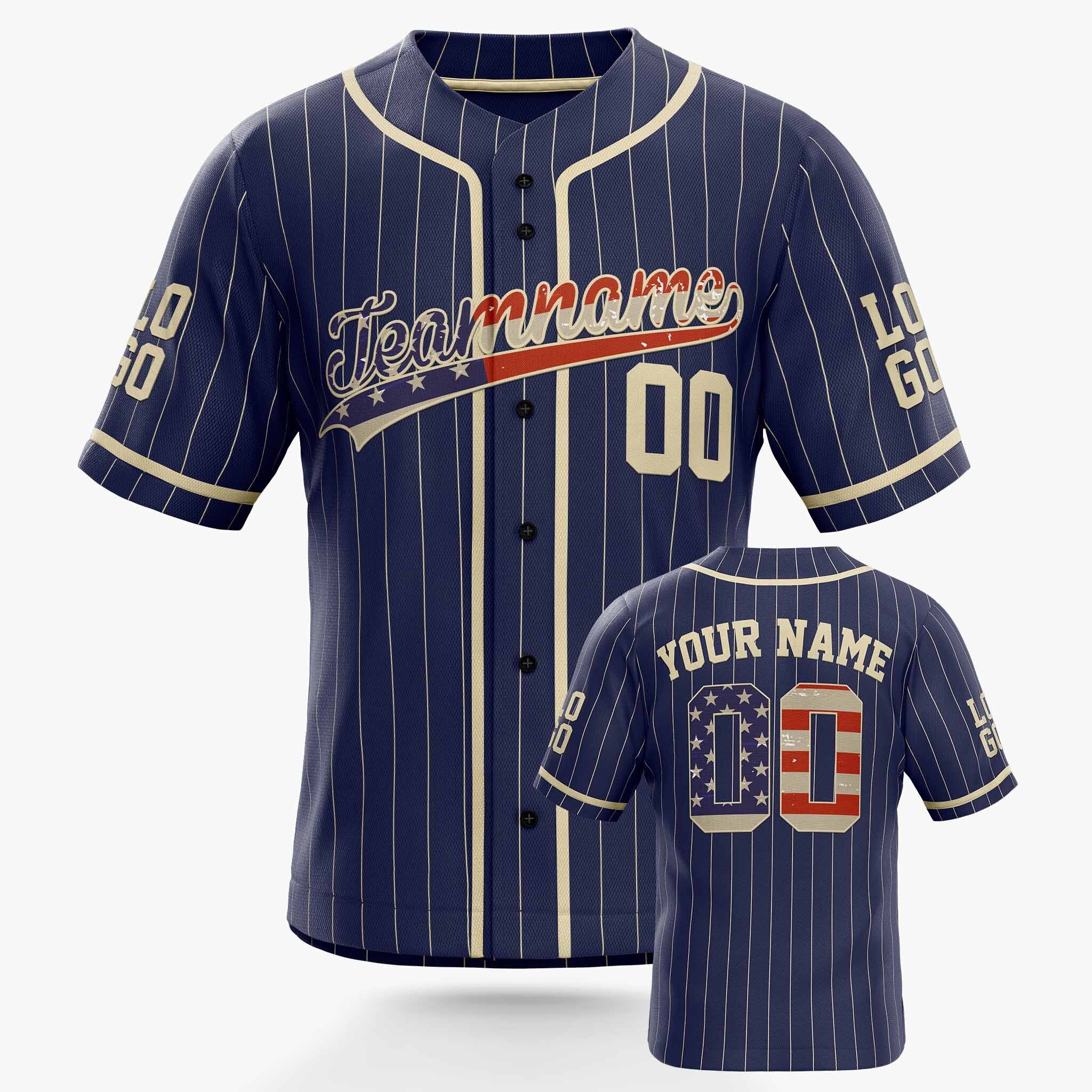 Custom Pinstripe Baseball Jersey Navy and Patriotic With White Piping - Design Your Own