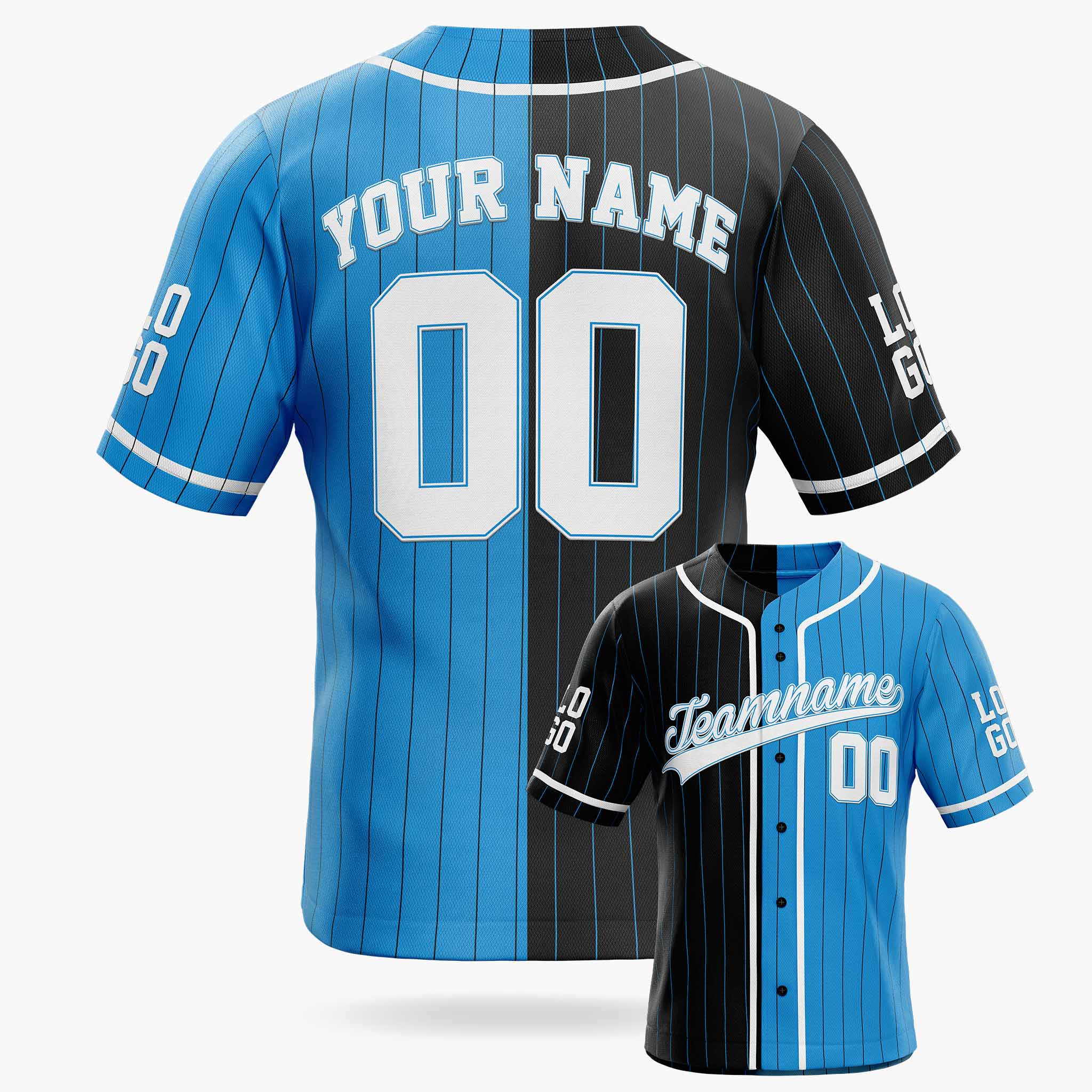 Custom Pinstripe Split Baseball Jersey Black and Blue with Piping - Design Your Own