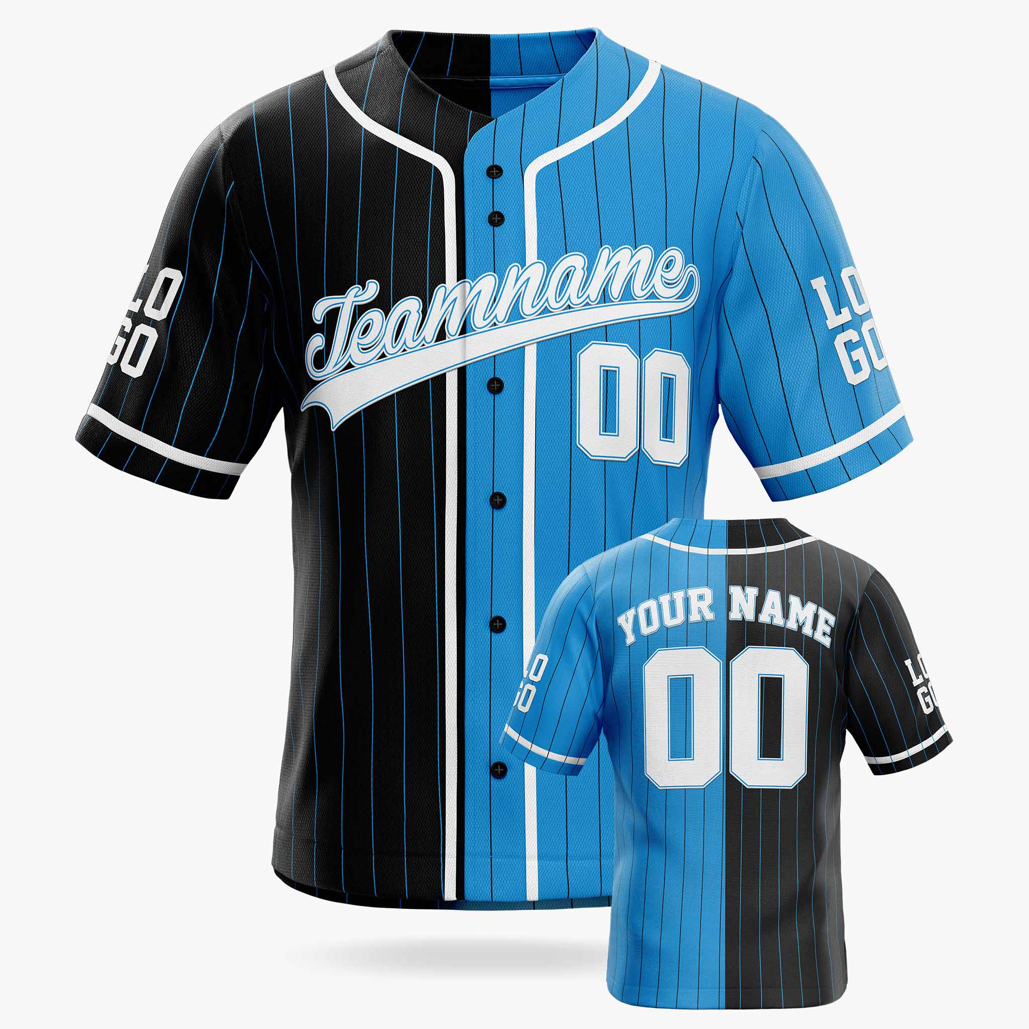 Custom Pinstripe Split Baseball Jersey Black and Blue with Piping - Design Your Own
