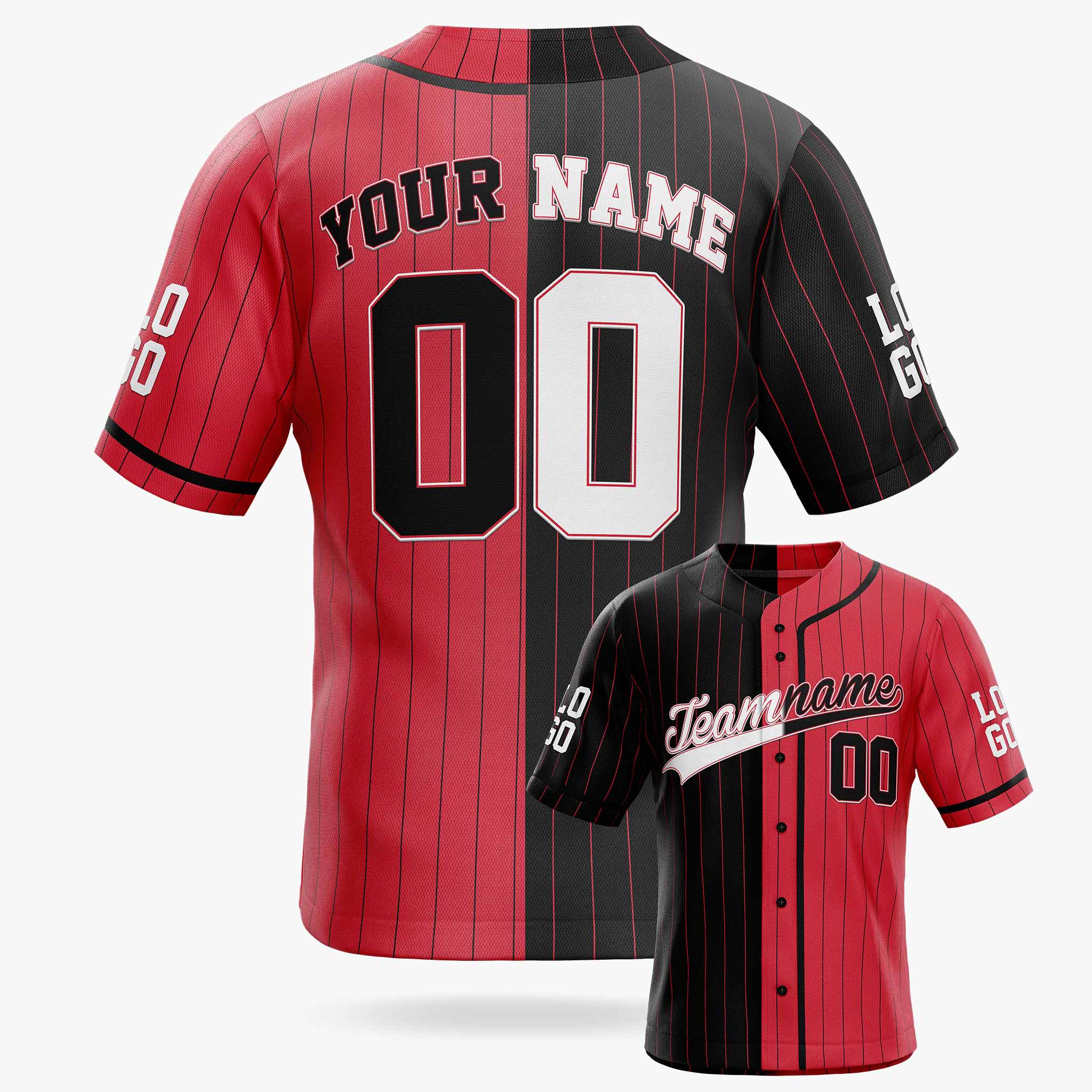 Custom Pinstripe Split Baseball Jersey Black and Red with Piping - Design Your Own
