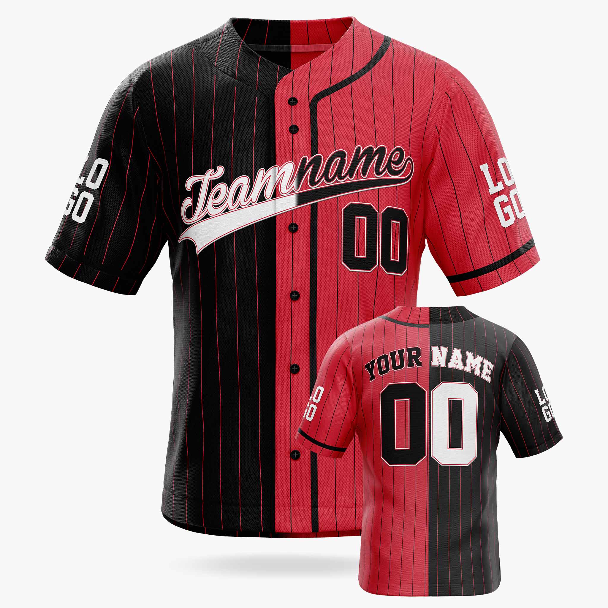 Custom Pinstripe Split Baseball Jersey Black and Red with Piping - Design Your Own
