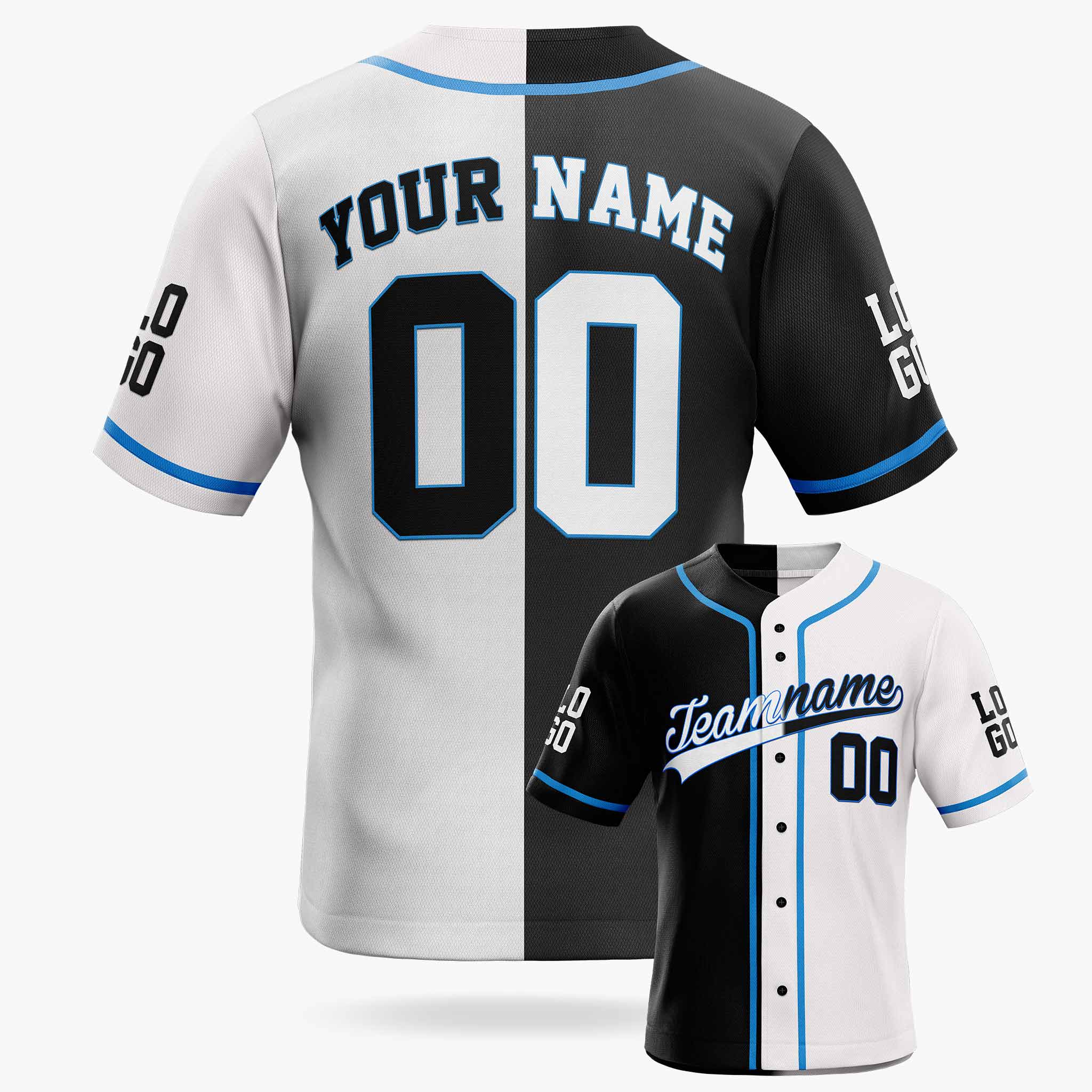 Custom Split Baseball Jersey Black and White with Blue Piping - Design Your Own