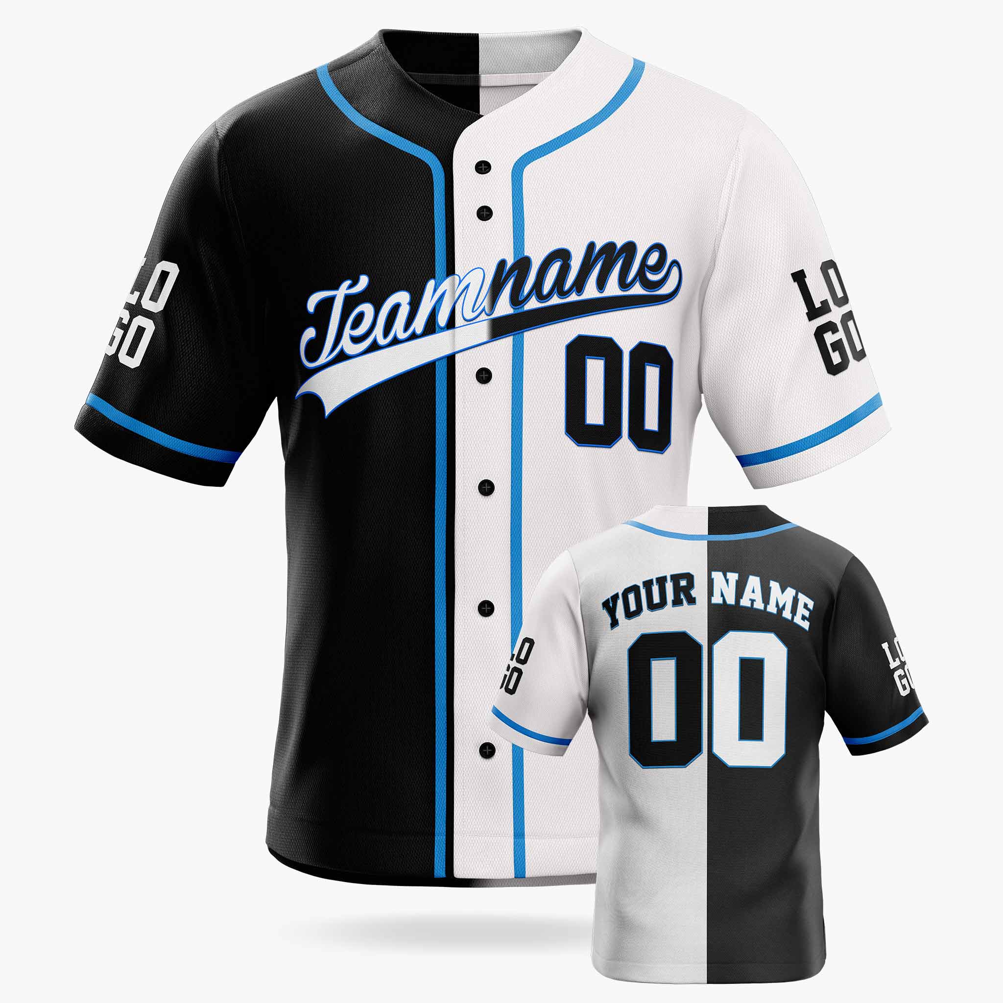 Custom Split Baseball Jersey Black and White with Blue Piping - Design Your Own