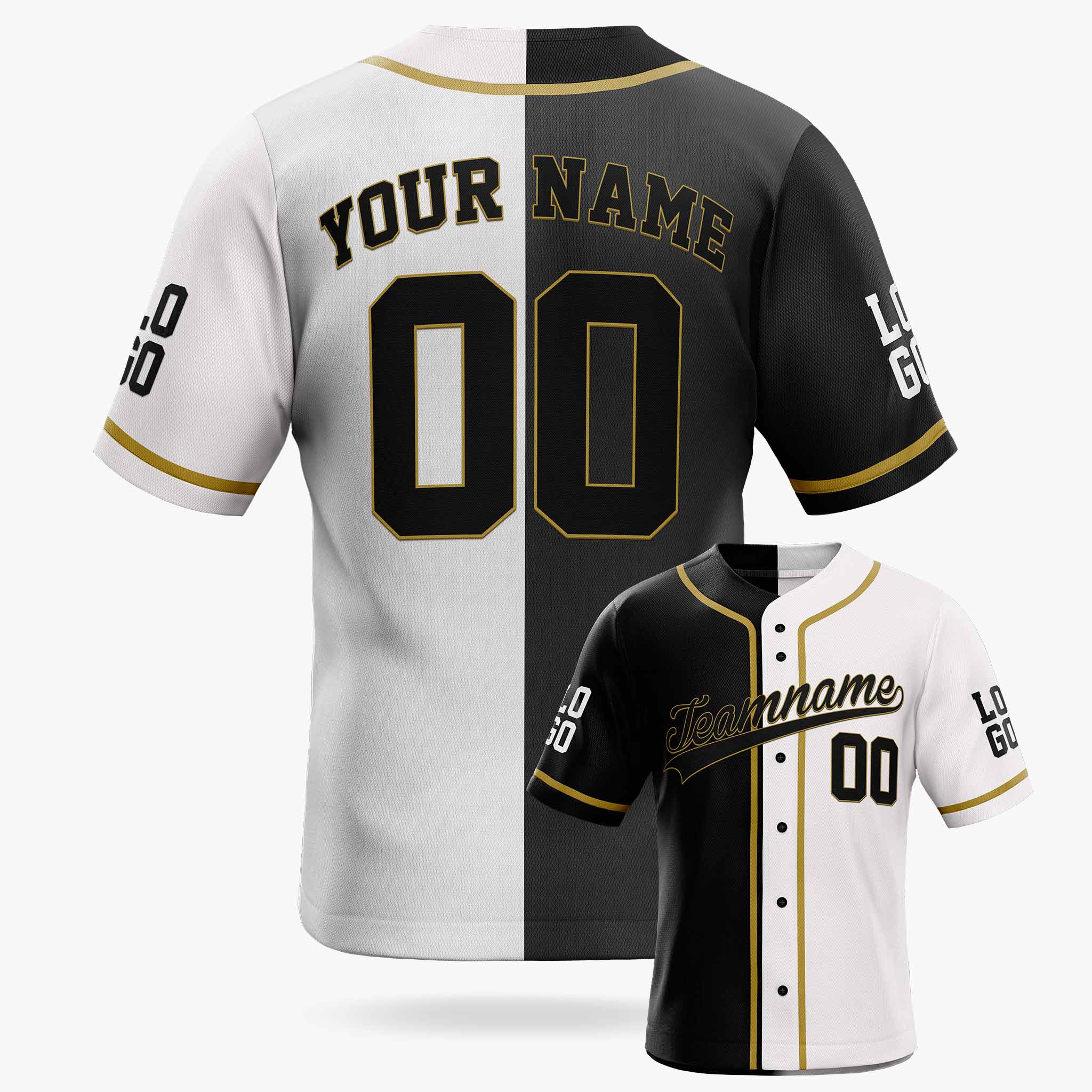 Custom Split Baseball Jersey Black and White with Gold Piping - Design Your Own