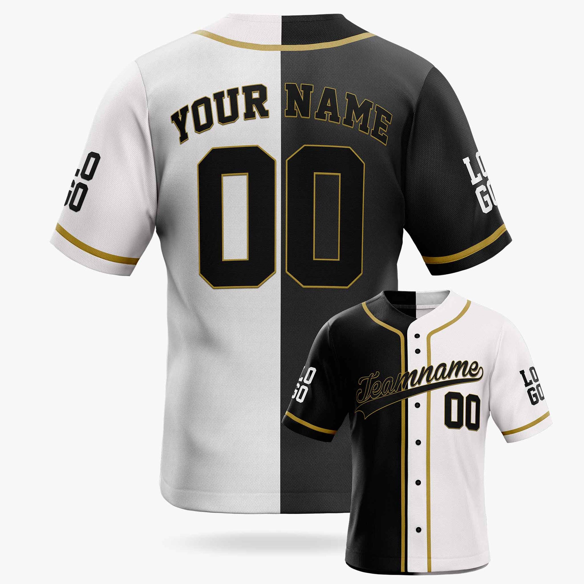 Custom Split Baseball Jersey Black and White with Gold Piping - Design Your Own