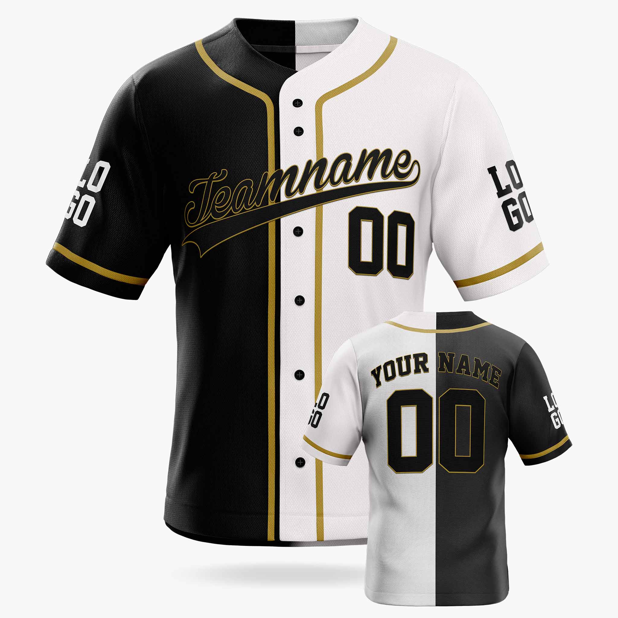 Custom Split Baseball Jersey Black and White with Gold Piping - Design Your Own