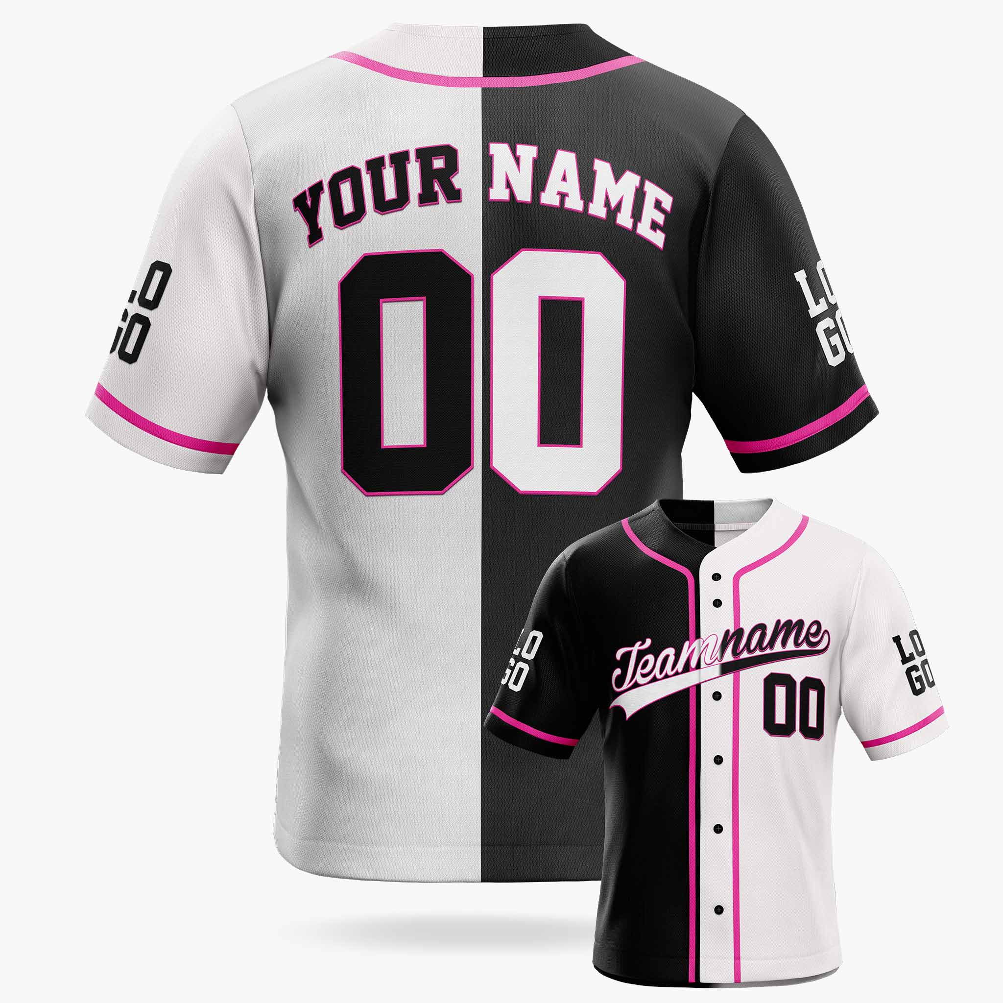 Custom Split Baseball Jersey Black and White With Pink Piping - Design Your Own