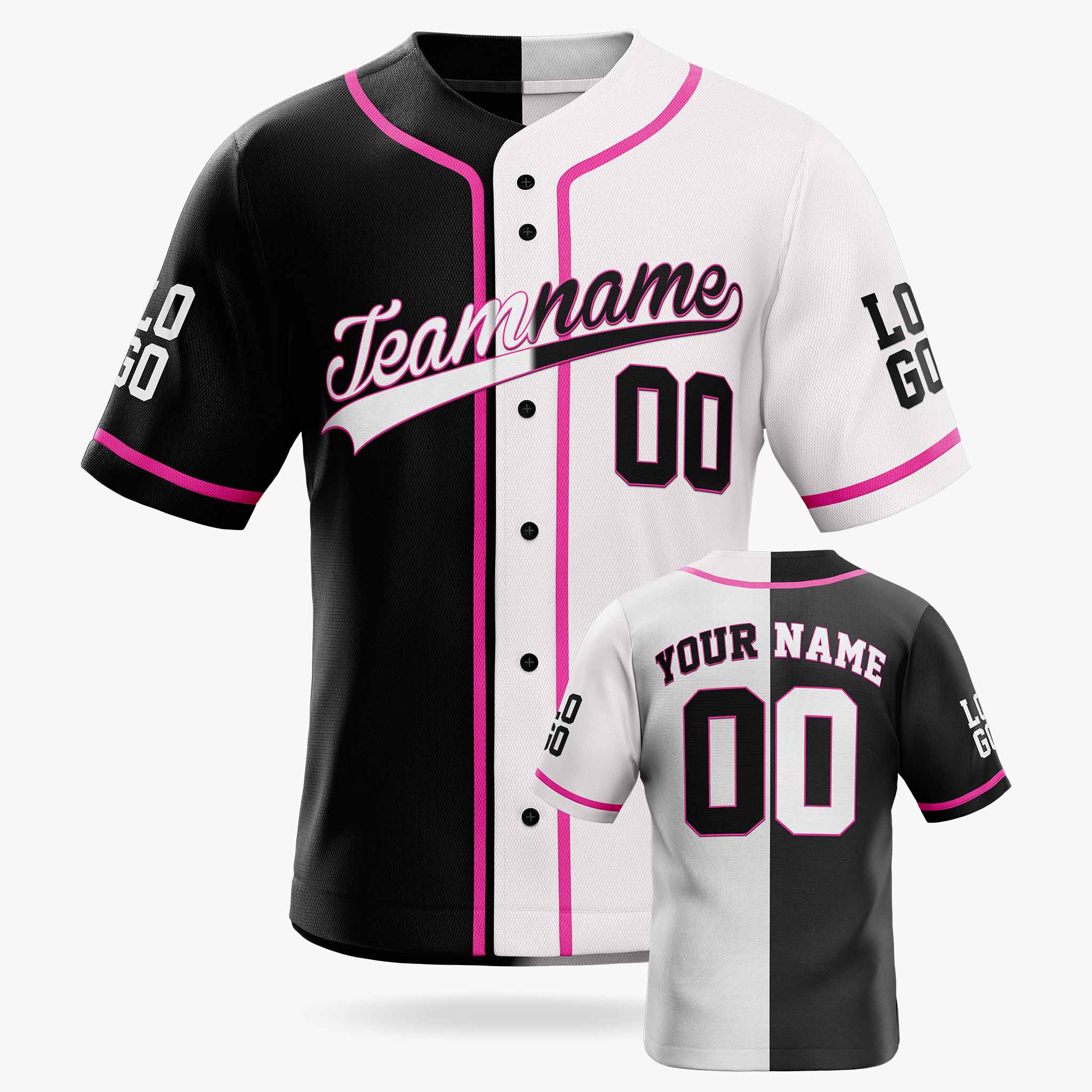 Custom Split Baseball Jersey Black and White With Pink Piping - Design Your Own