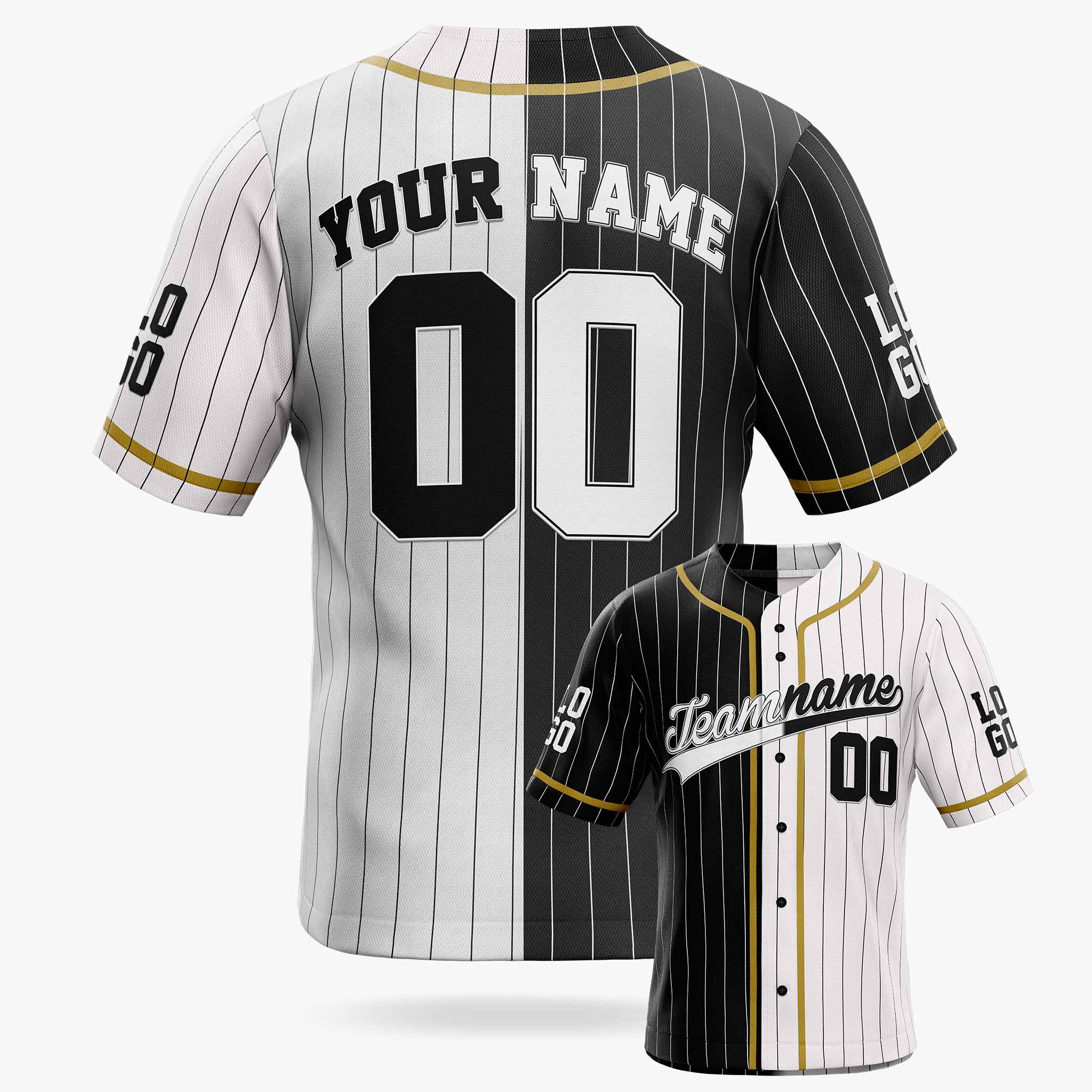 Custom Pinstripe Split Baseball Jersey Black and White with Gold Piping - Design Your Own