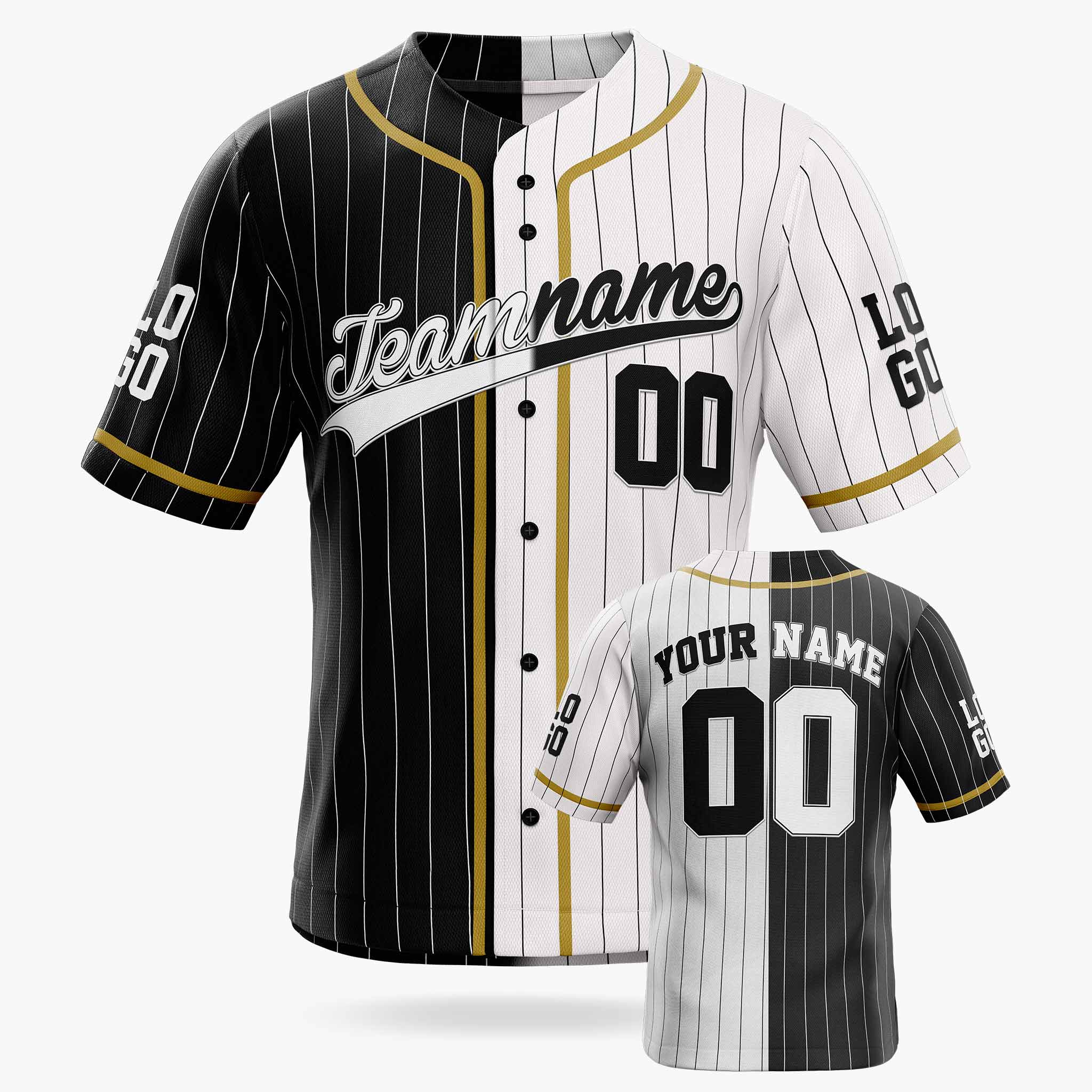 Custom Pinstripe Split Baseball Jersey Black and White with Gold Piping - Design Your Own