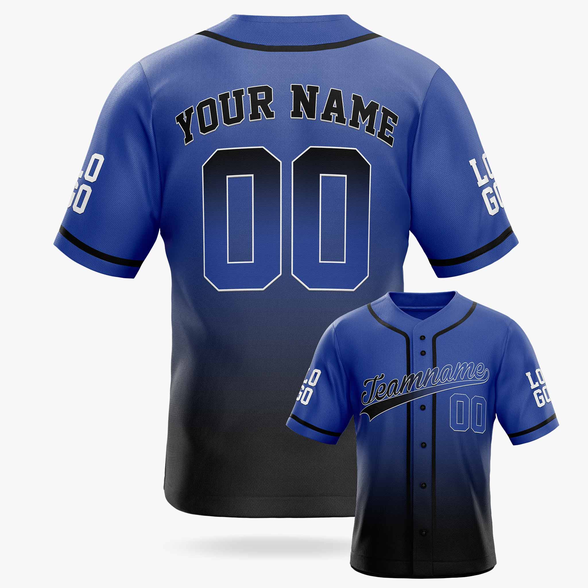 Custom Gradient Baseball Jersey Blue and Black With Piping - Design Your Own