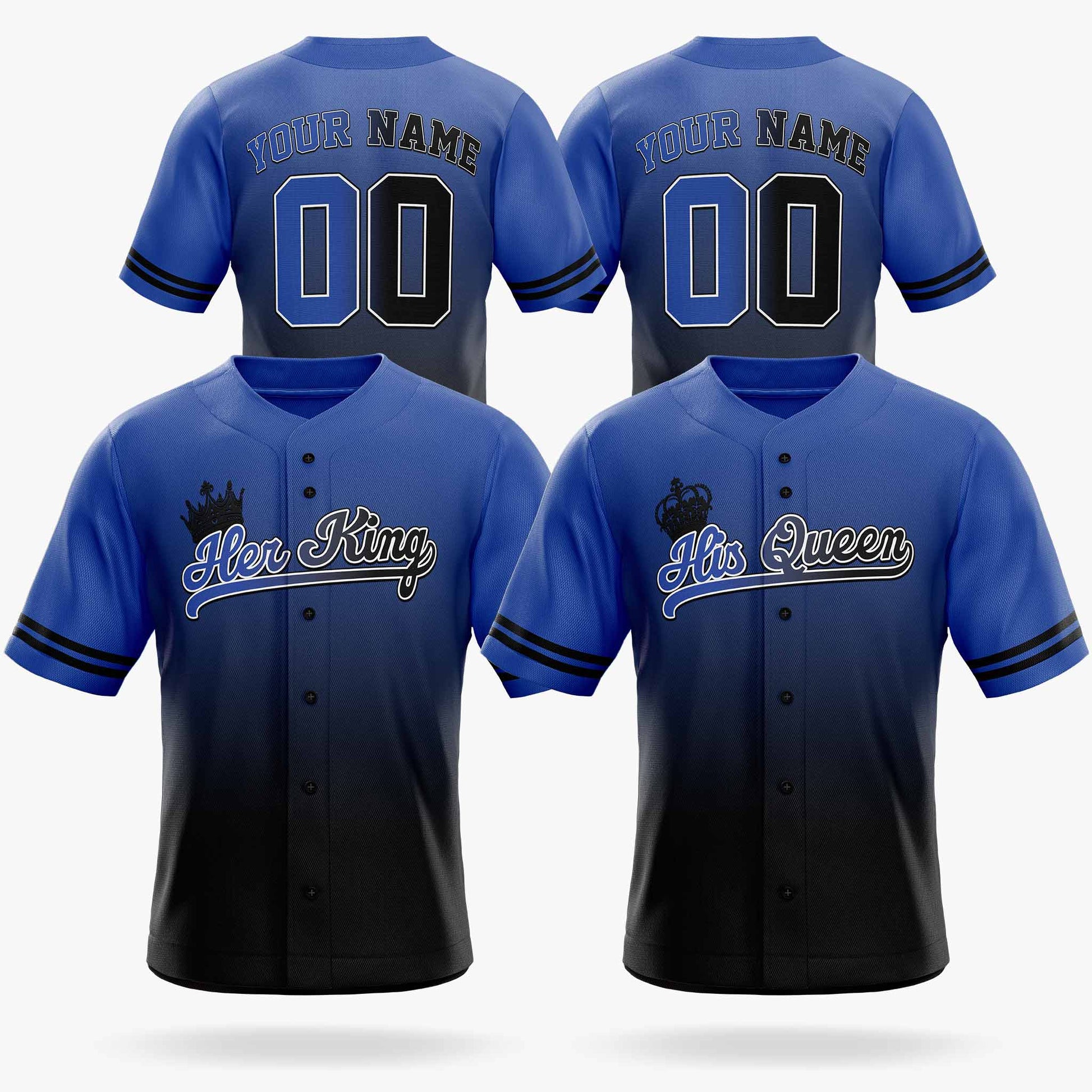Custom Matching Couple Jerseys Gradient Blue and Black - Her King and His Queen - Design Your Own