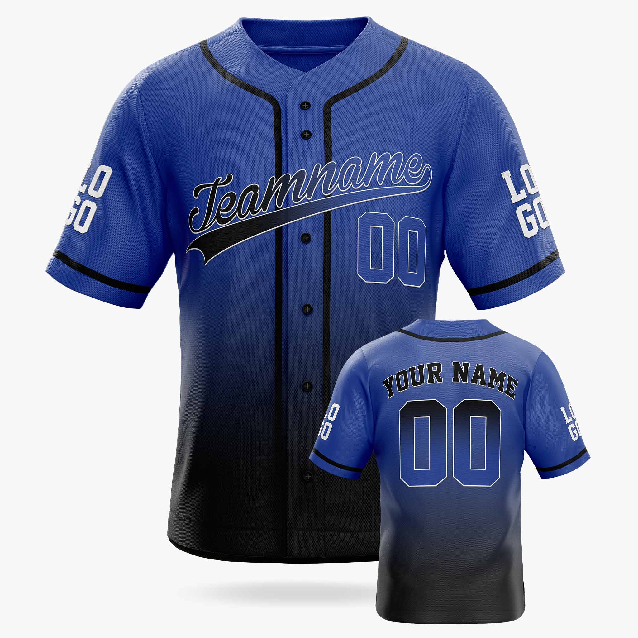 Custom Gradient Baseball Jersey Blue and Black With Piping - Design Your Own